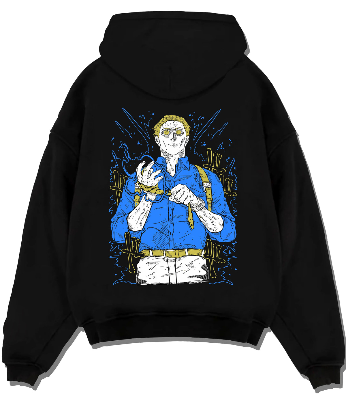 Black hoodie flat back view showing Kento Nanami from Jujutsu Kaisen: blond sorcerer with goggles