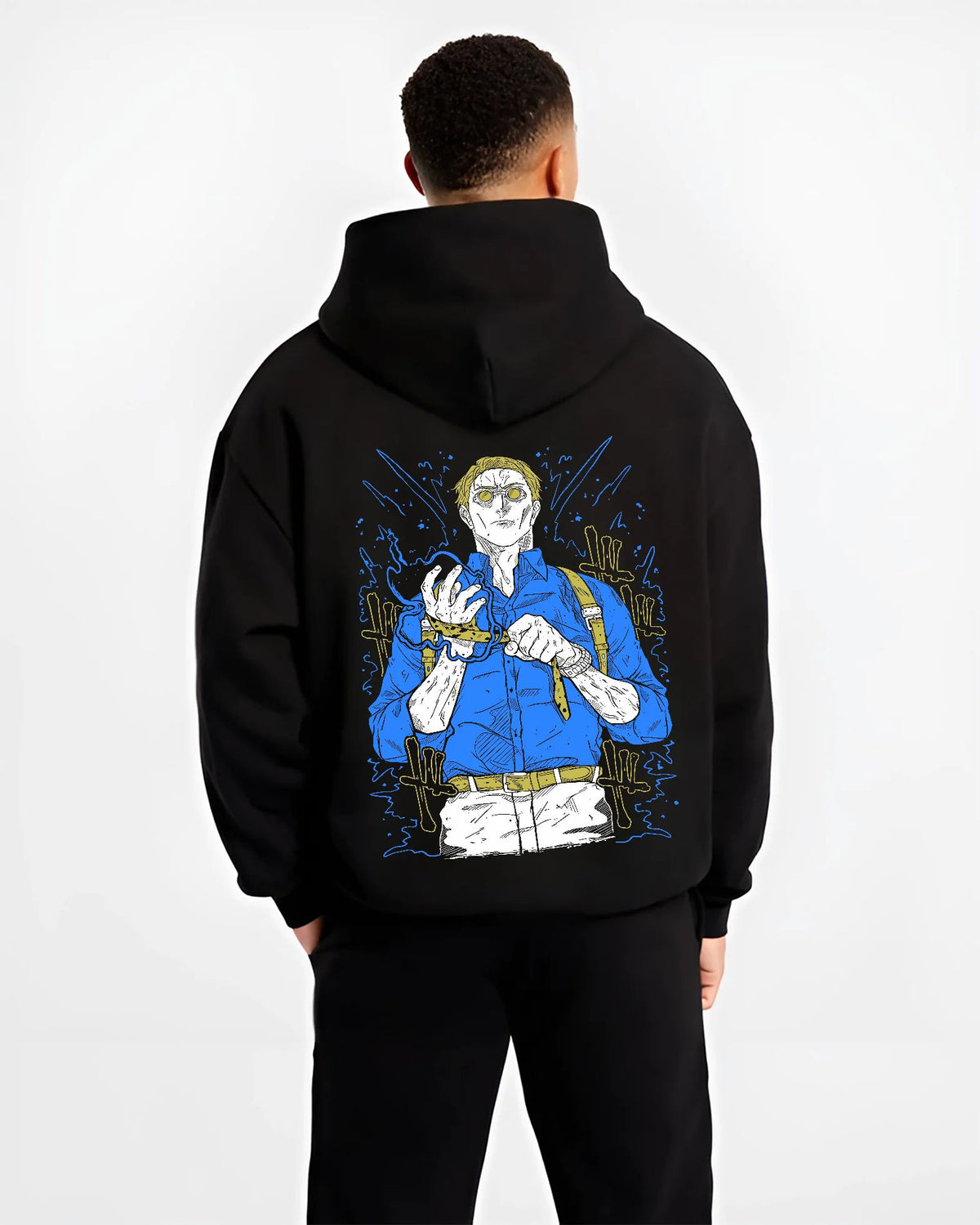 Black hoodie model back view showing Kento Nanami from Jujutsu Kaisen: blond sorcerer with goggles