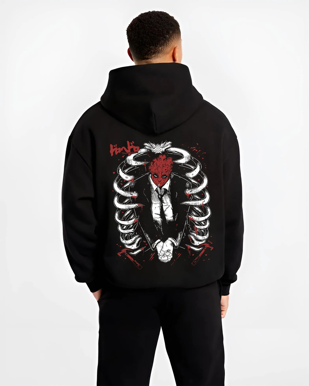 Shin from Dorohedoro framed by a ribcage in dark manga artwork on hoodie model back view