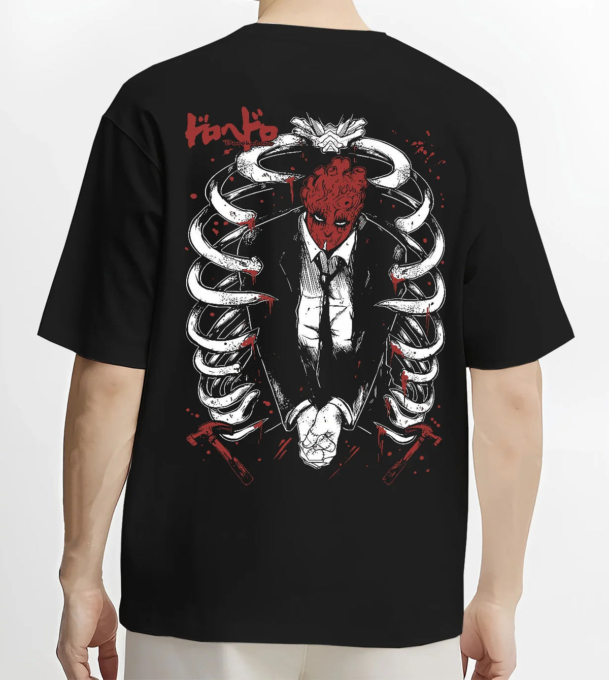 Shin from Dorohedoro framed by a ribcage in dark manga artwork on black T-shirt model back view