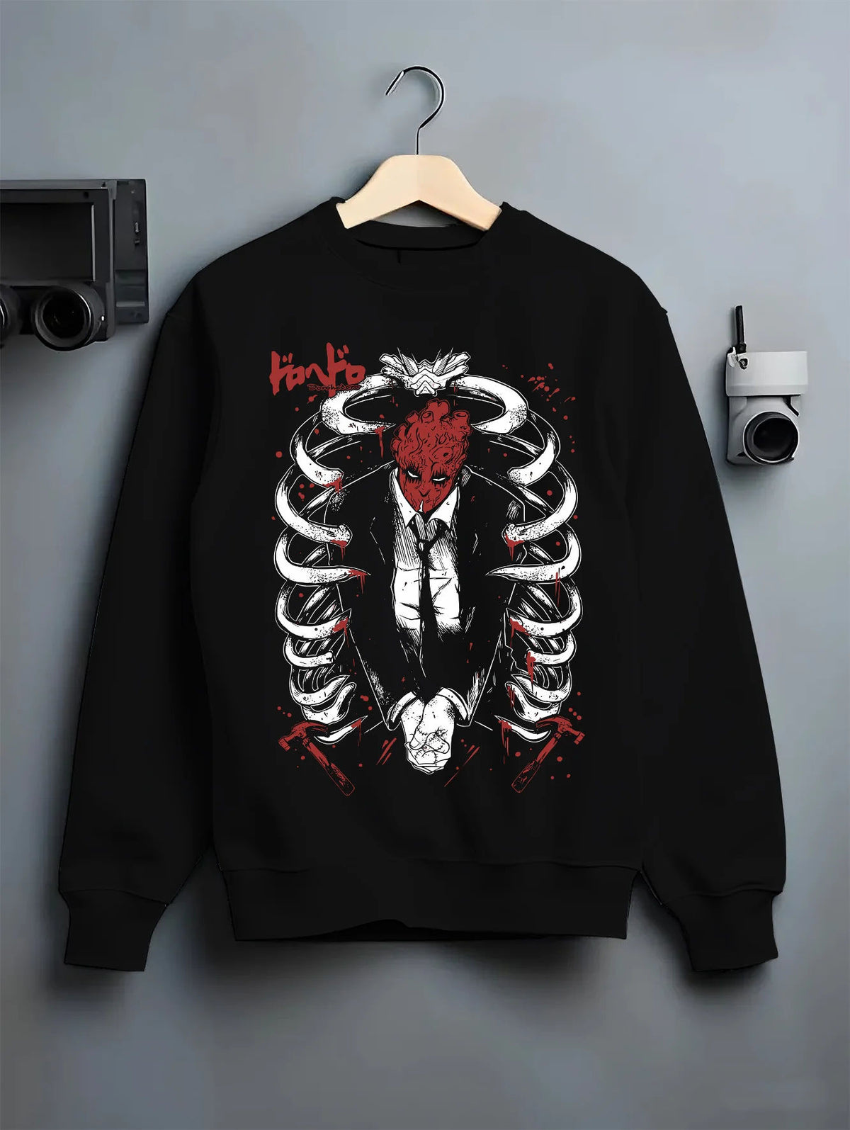 Shin from Dorohedoro framed by a ribcage in dark manga artwork on crewneck sweatshirt hanger