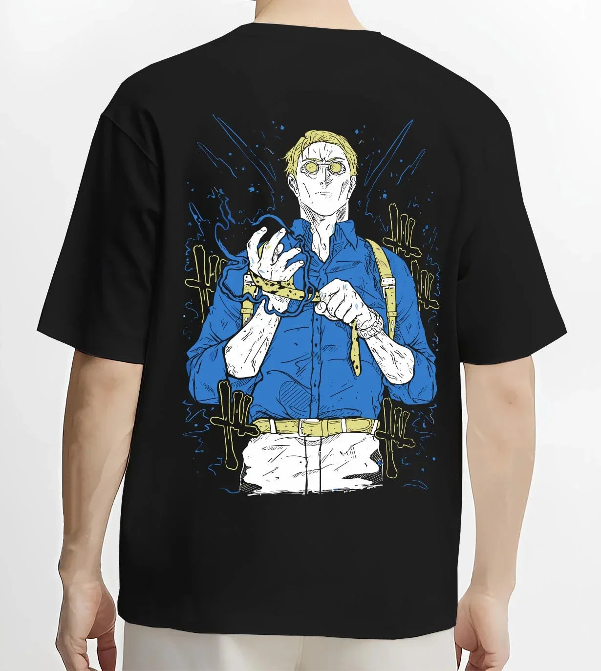 Black T-shirt worn by male model, back view with Nanami Hoodie Jujutsu Kaisen Detective Suit graphic premium wear.