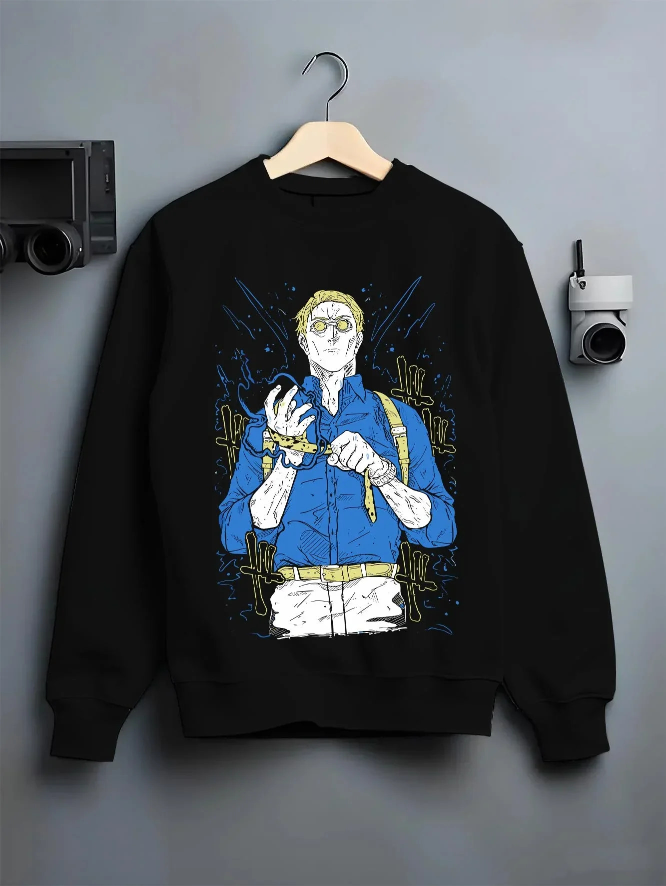 Black crewneck sweatshirt on hanger with Nanami Hoodie Jujutsu Kaisen Detective Suit graphic premium wear.