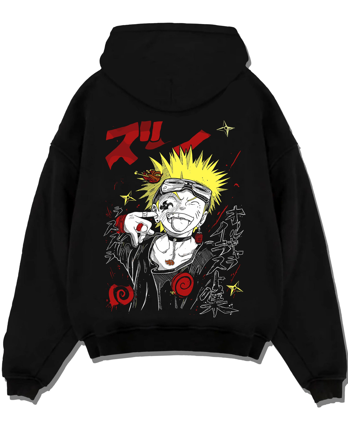 Black hoodie laid flat featuring Naruto Uzumaki punk street style artwork.