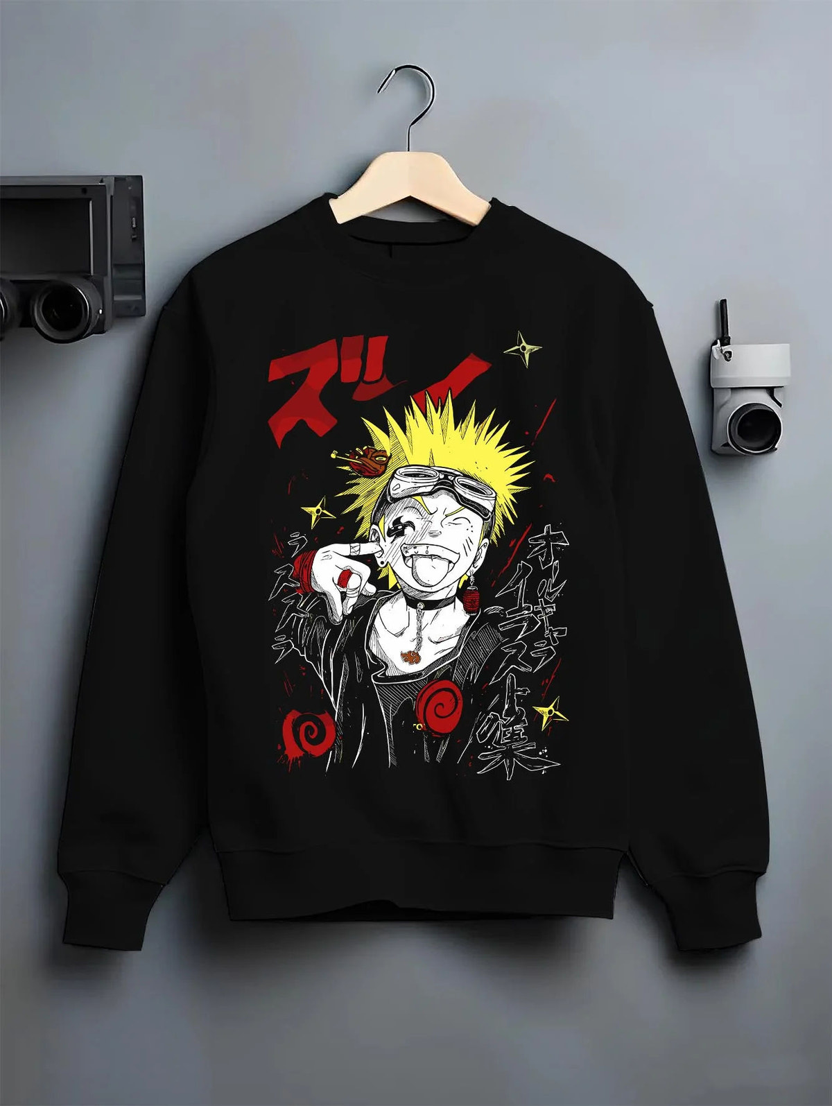 Black crewneck sweatshirt on hanger featuring Naruto Uzumaki punk street style artwork.