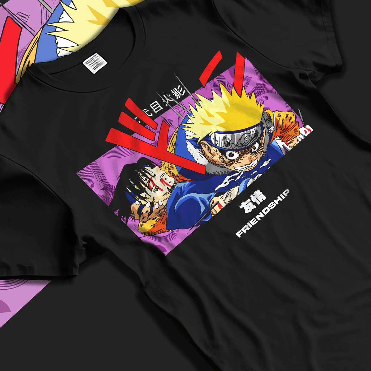 Black T-shirt laid flat with natural folds featuring Naruto and Sasuke friendship rivalry artwork.