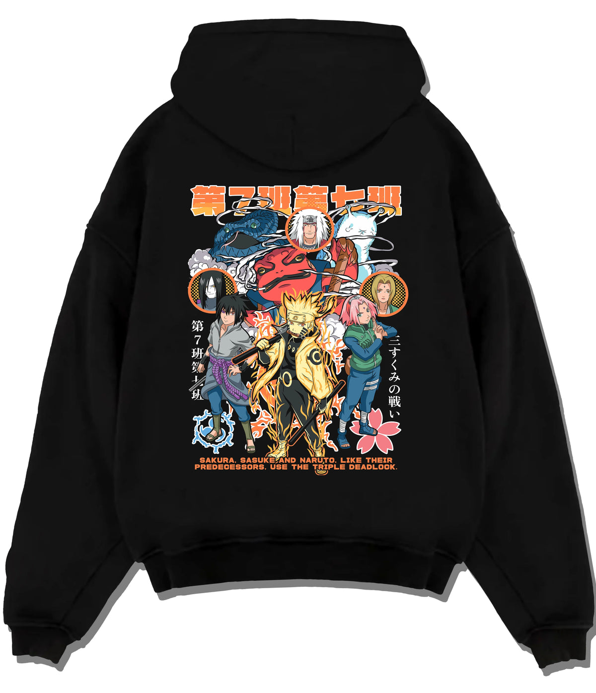 Black hoodie flat back view with Naruto / Sasuke and Naruto cast manga montage illustrated back graphic