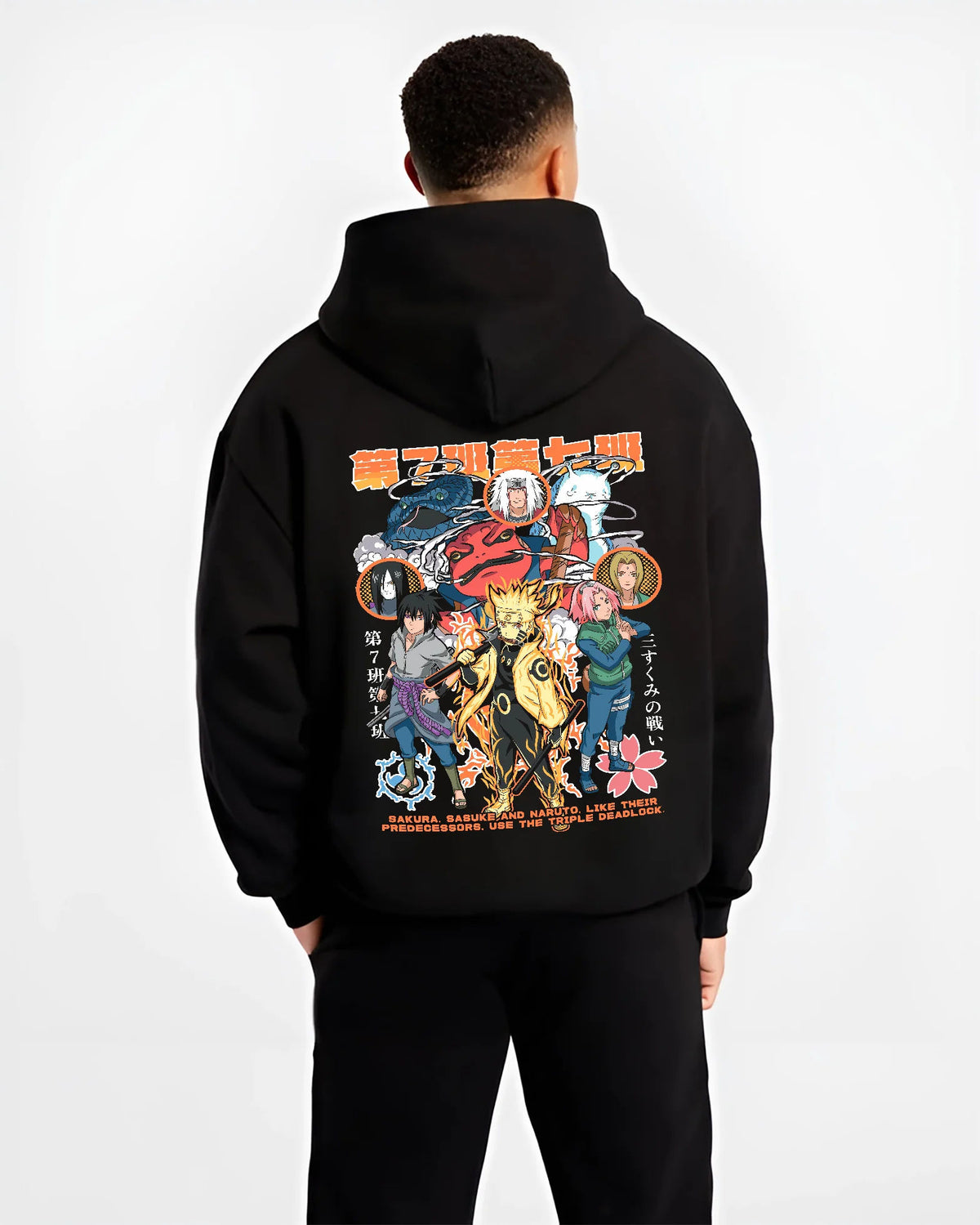 Black hoodie model back view with Naruto / Sasuke and Naruto cast manga montage illustrated back graphic