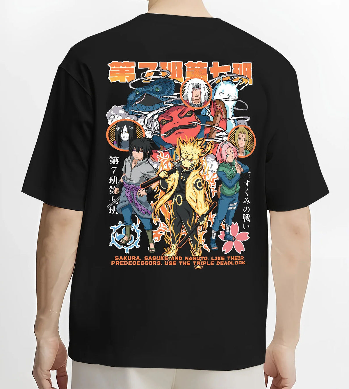 Black T-shirt model back view with Naruto / Sasuke and Naruto cast manga montage illustrated back graphic
