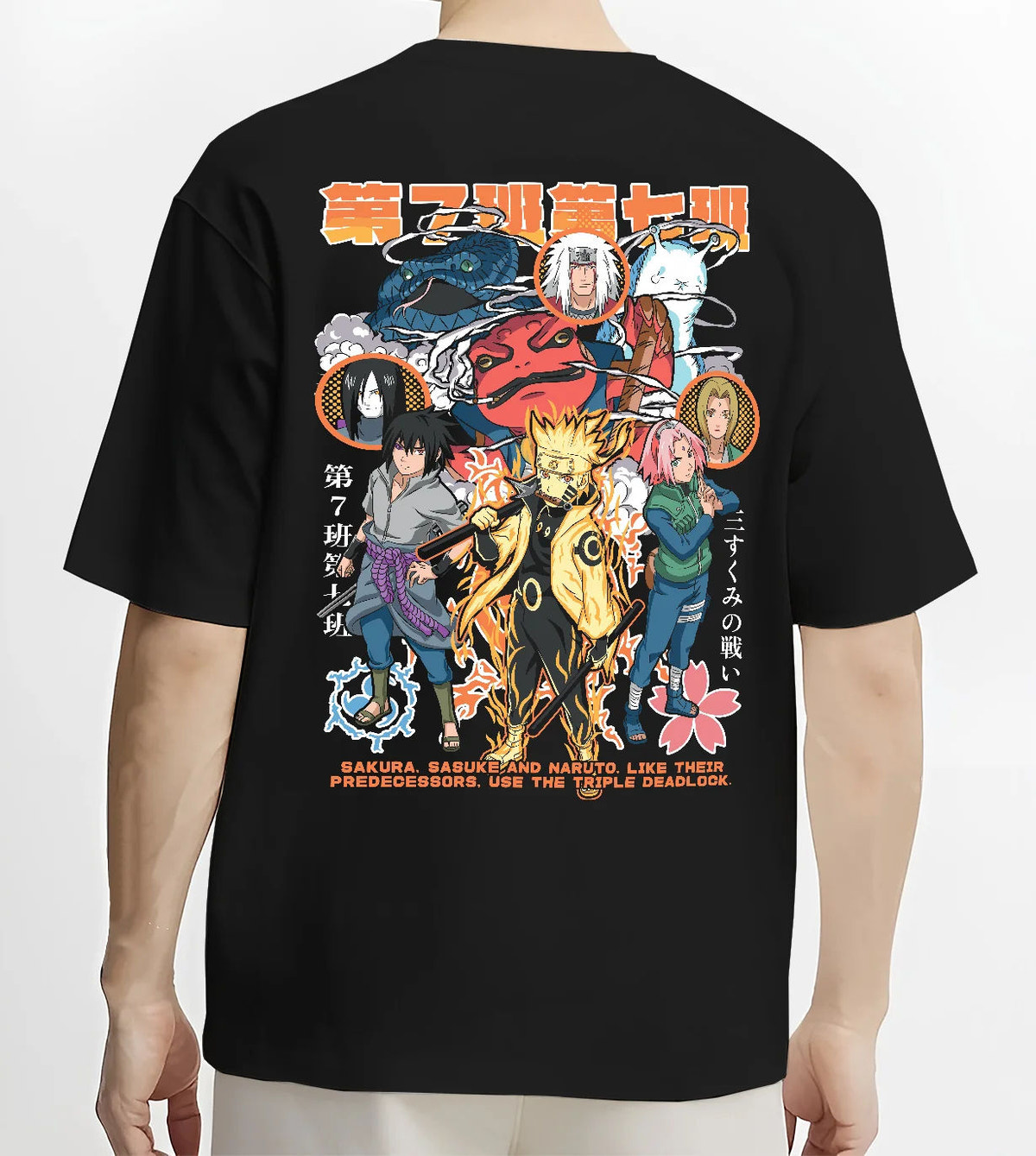Black T-shirt model back view with Naruto / Sasuke and Naruto cast manga montage illustrated back graphic