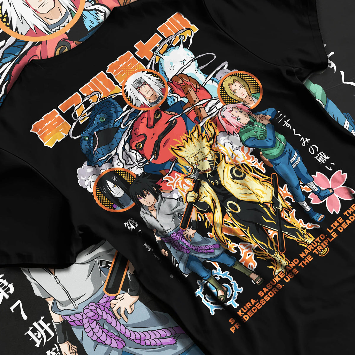 Black T-shirt flat back view with Naruto / Sasuke and Naruto cast manga montage illustrated back graphic