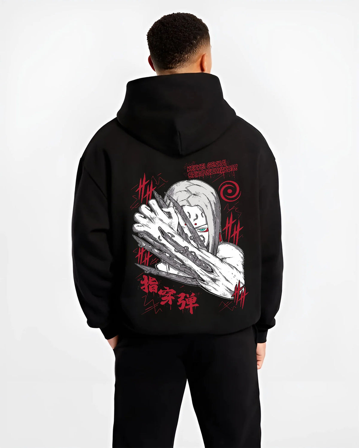 Black hoodie model back view showing Kimimaro Kaguya from Naruto: bone-based attack (tentative)