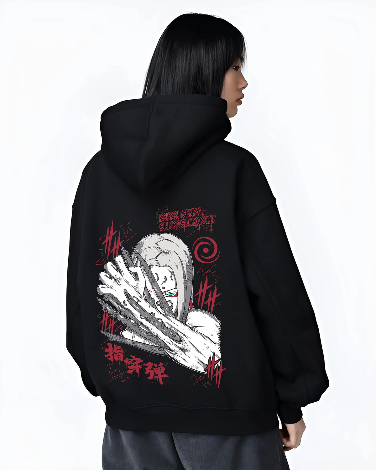 Black hoodie female model back view showing Kimimaro Kaguya from Naruto: bone-based attack (tentative)