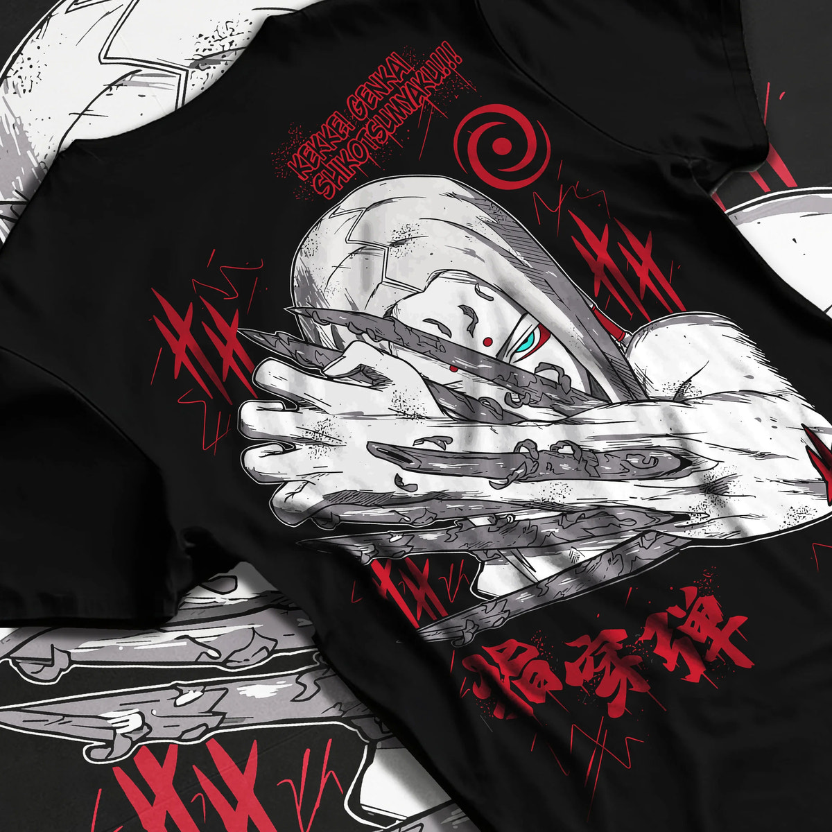 Black T-shirt flat back view showing Kimimaro Kaguya from Naruto: bone-based attack (tentative)