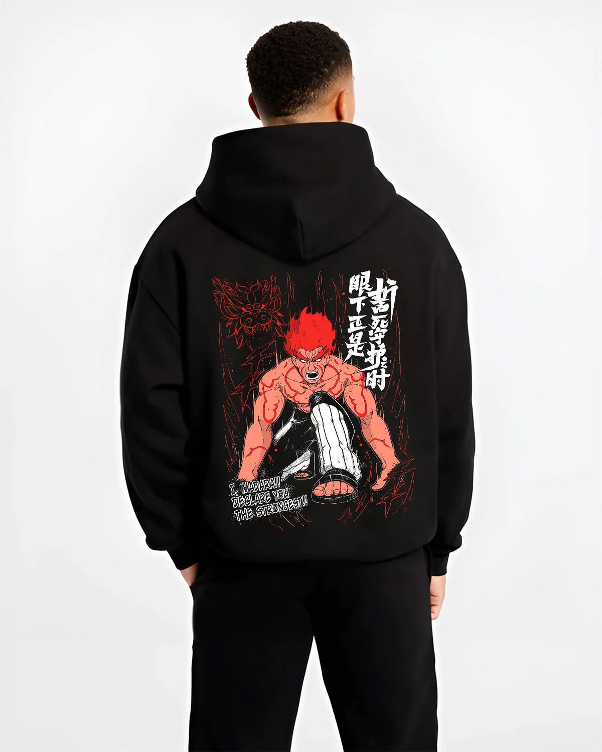 Black hoodie model back view showing Might Guy from Naruto: Eight Gates red aura
