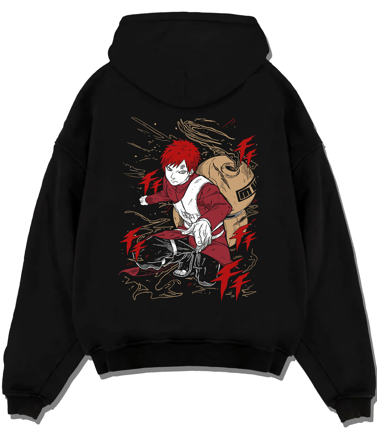 Black hoodie flat back view showing Gaara from Naruto: sand control combat pose