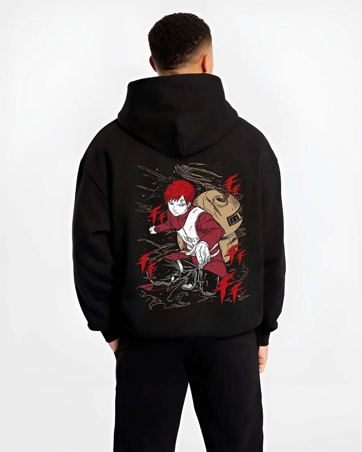 Black hoodie model back view showing Gaara from Naruto: sand control combat pose