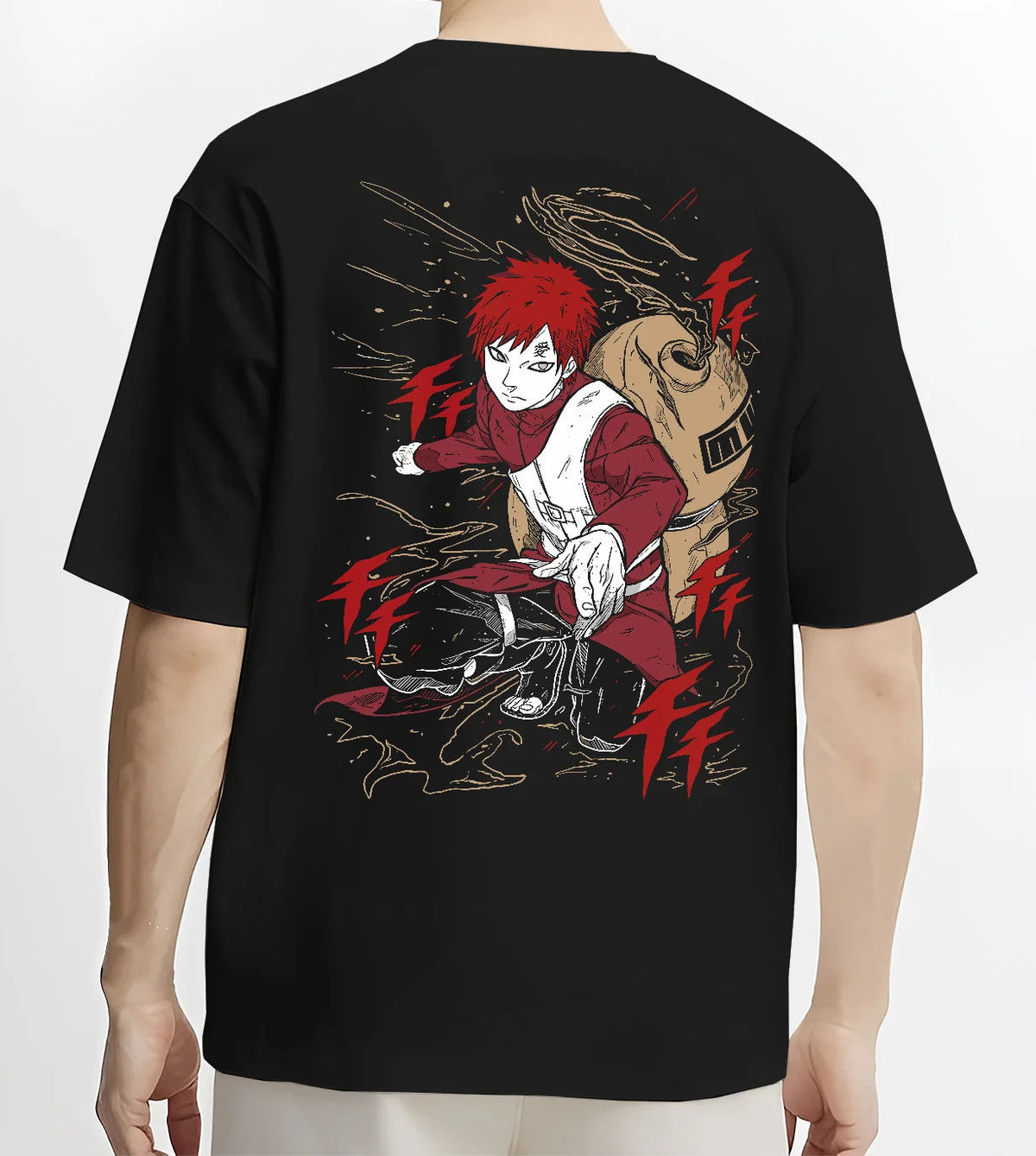 Black T-shirt model back view showing Gaara from Naruto: sand control combat pose