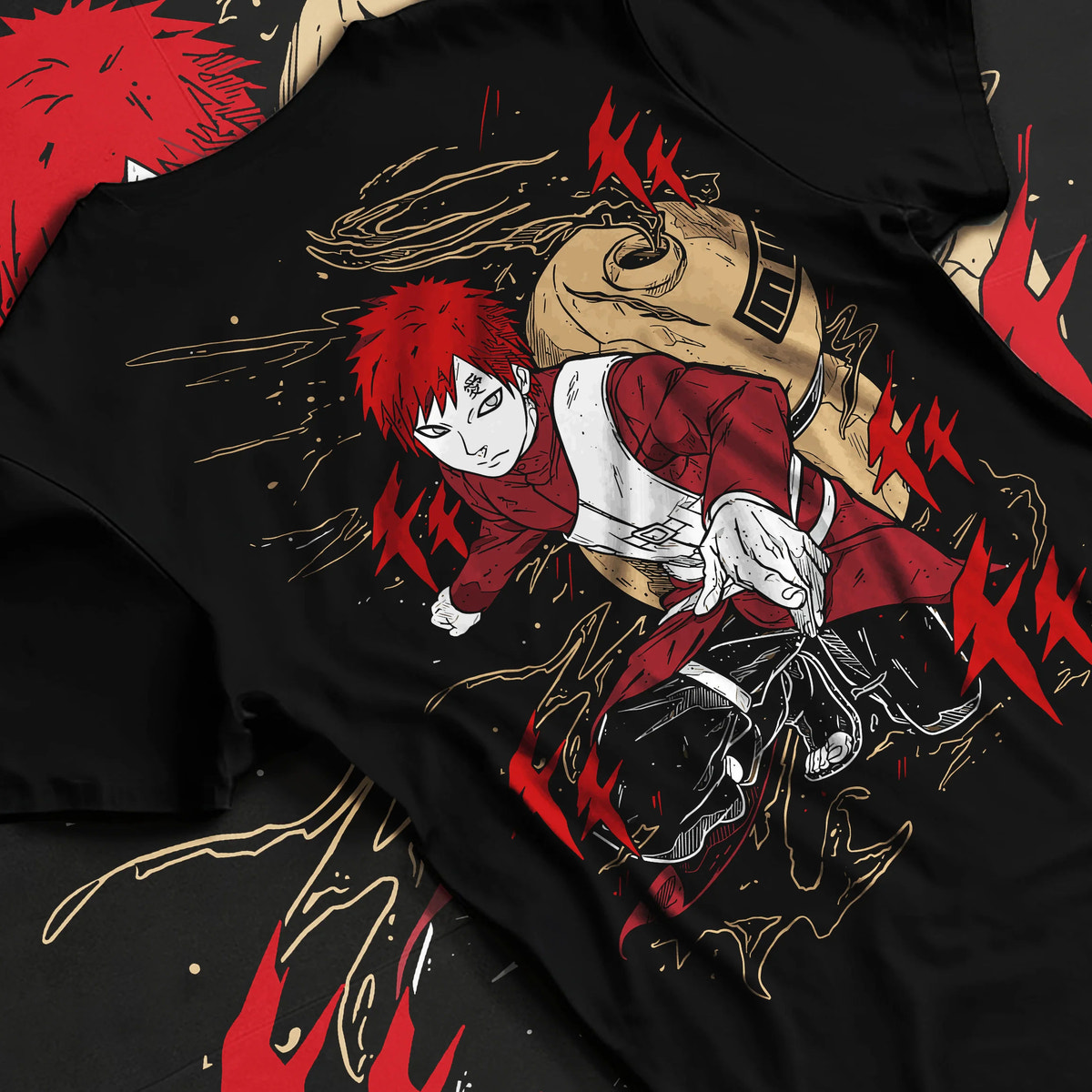 Black T-shirt flat back view showing Gaara from Naruto: sand control combat pose