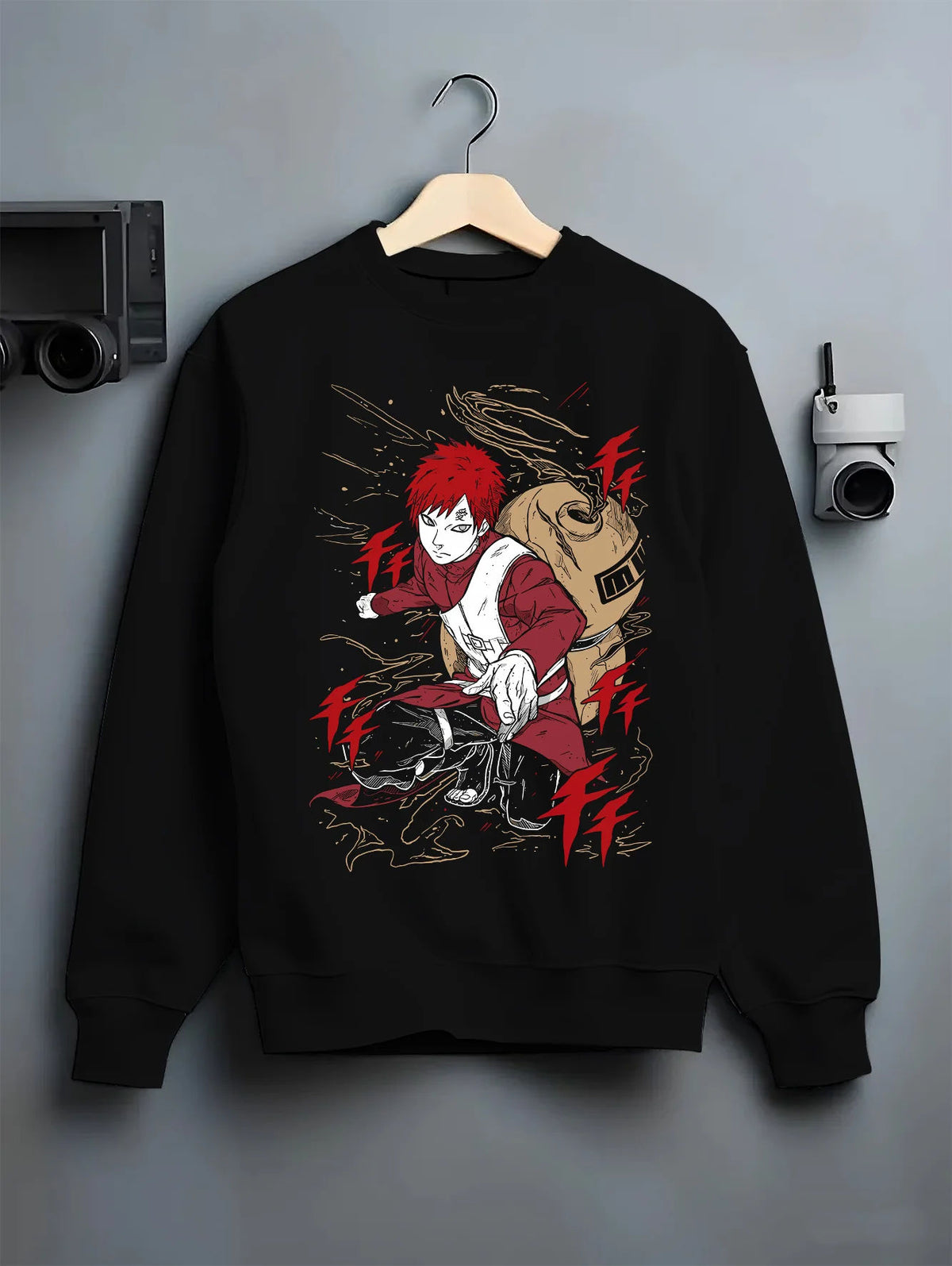 Black crewneck sweatshirt on hanger showing Gaara from Naruto: sand control combat pose
