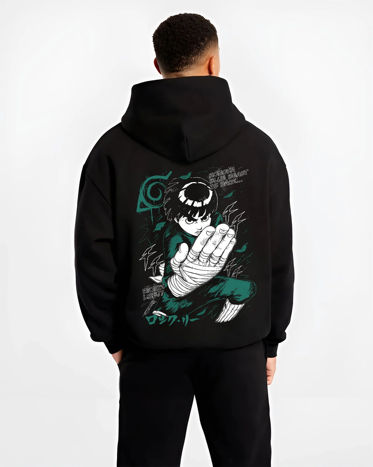Black hoodie model back view showing Rock Lee from Naruto: green jumpsuit action pose