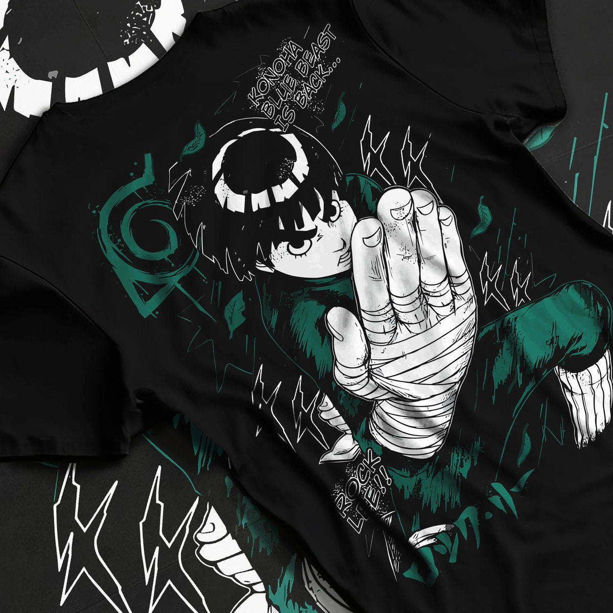Black T-shirt flat back view showing Rock Lee from Naruto: green jumpsuit action pose