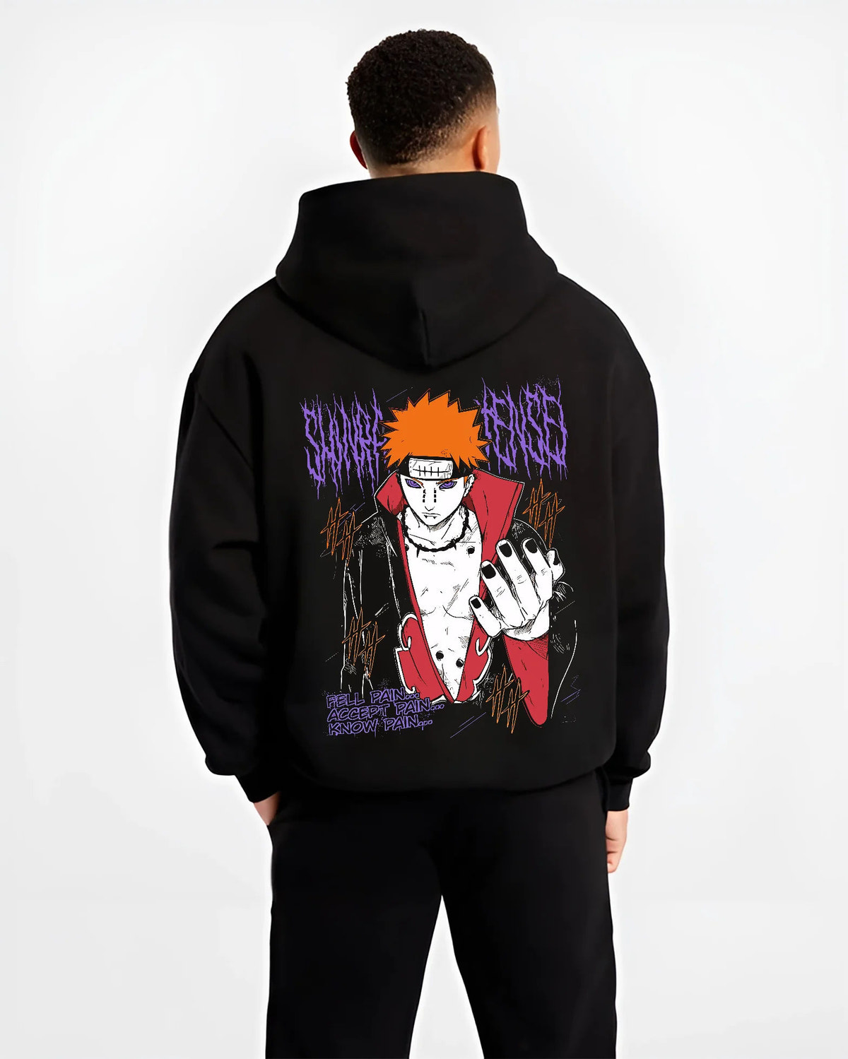 Black hoodie model back view showing Pain / Nagato from Naruto: Akatsuki leader