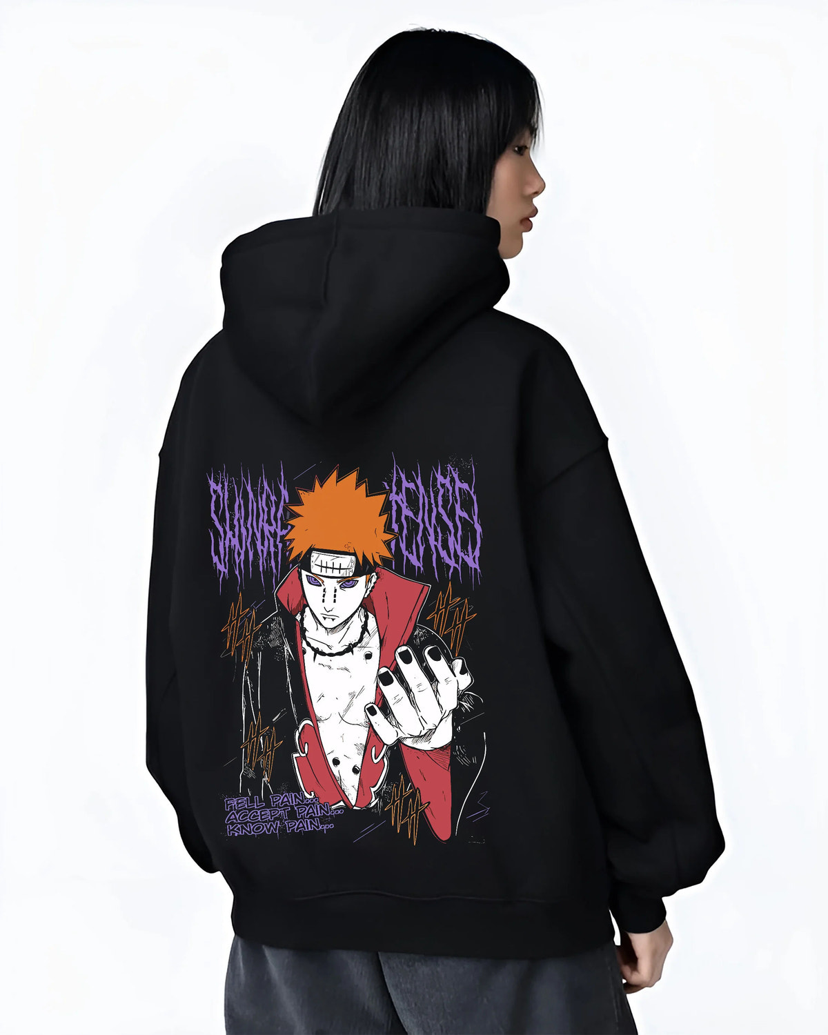 Black hoodie female model back view showing Pain / Nagato from Naruto: Akatsuki leader