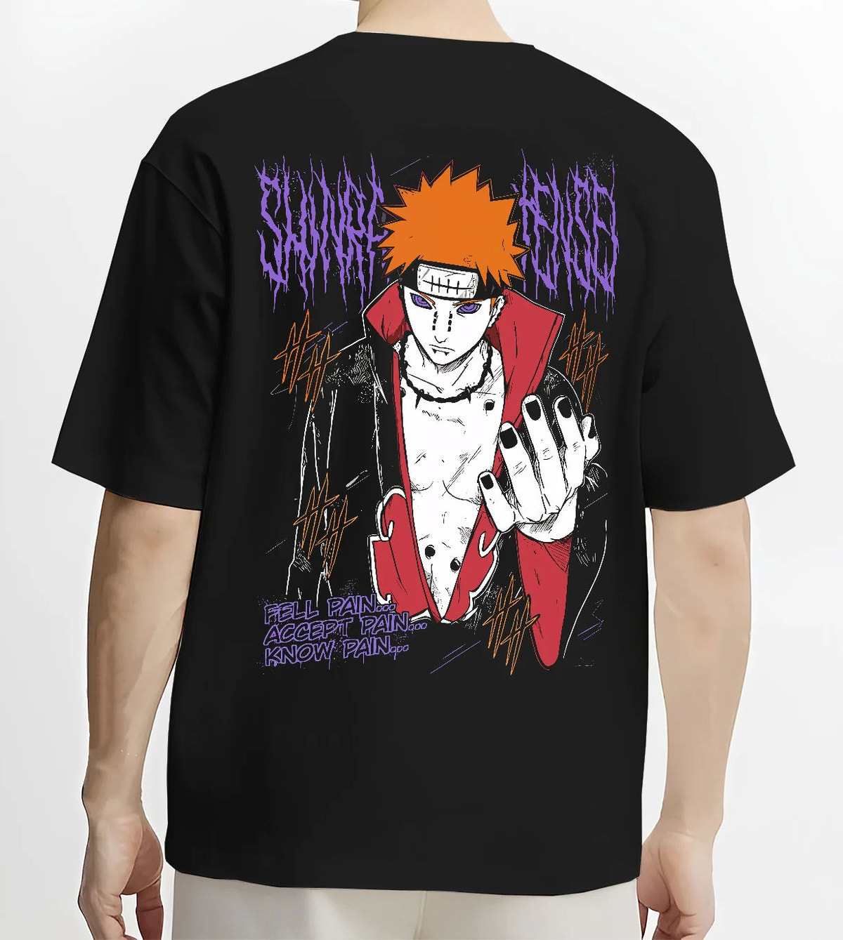 Black T-shirt model back view showing Pain / Nagato from Naruto: Akatsuki leader