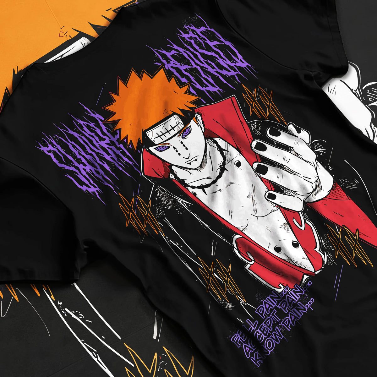 Black T-shirt flat back view showing Pain / Nagato from Naruto: Akatsuki leader