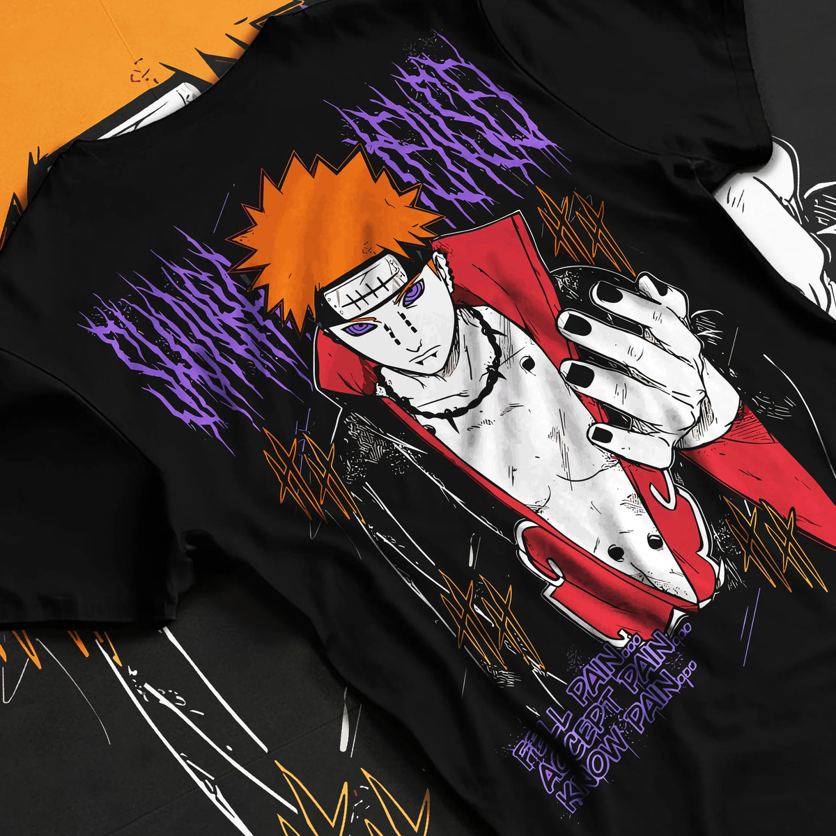 Black T-shirt flat back view showing Pain / Nagato from Naruto: Akatsuki leader