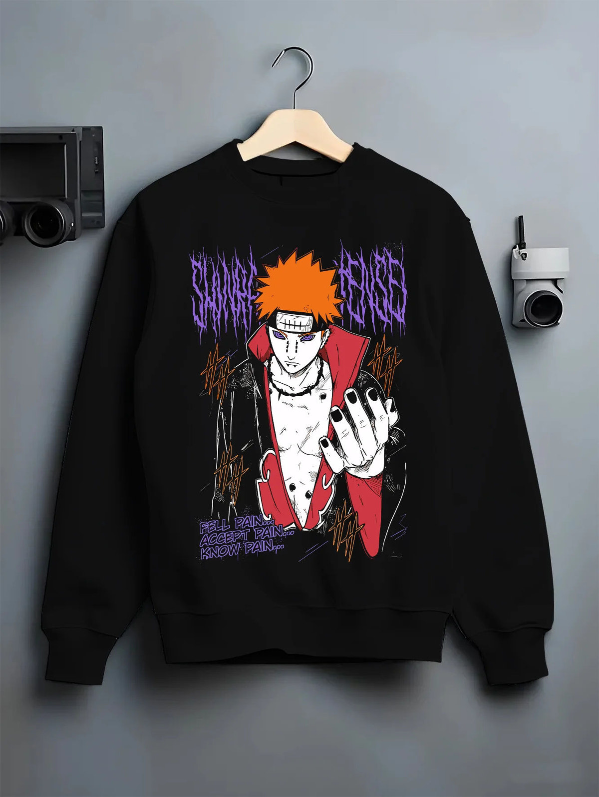 Black crewneck sweatshirt on hanger showing Pain / Nagato from Naruto: Akatsuki leader