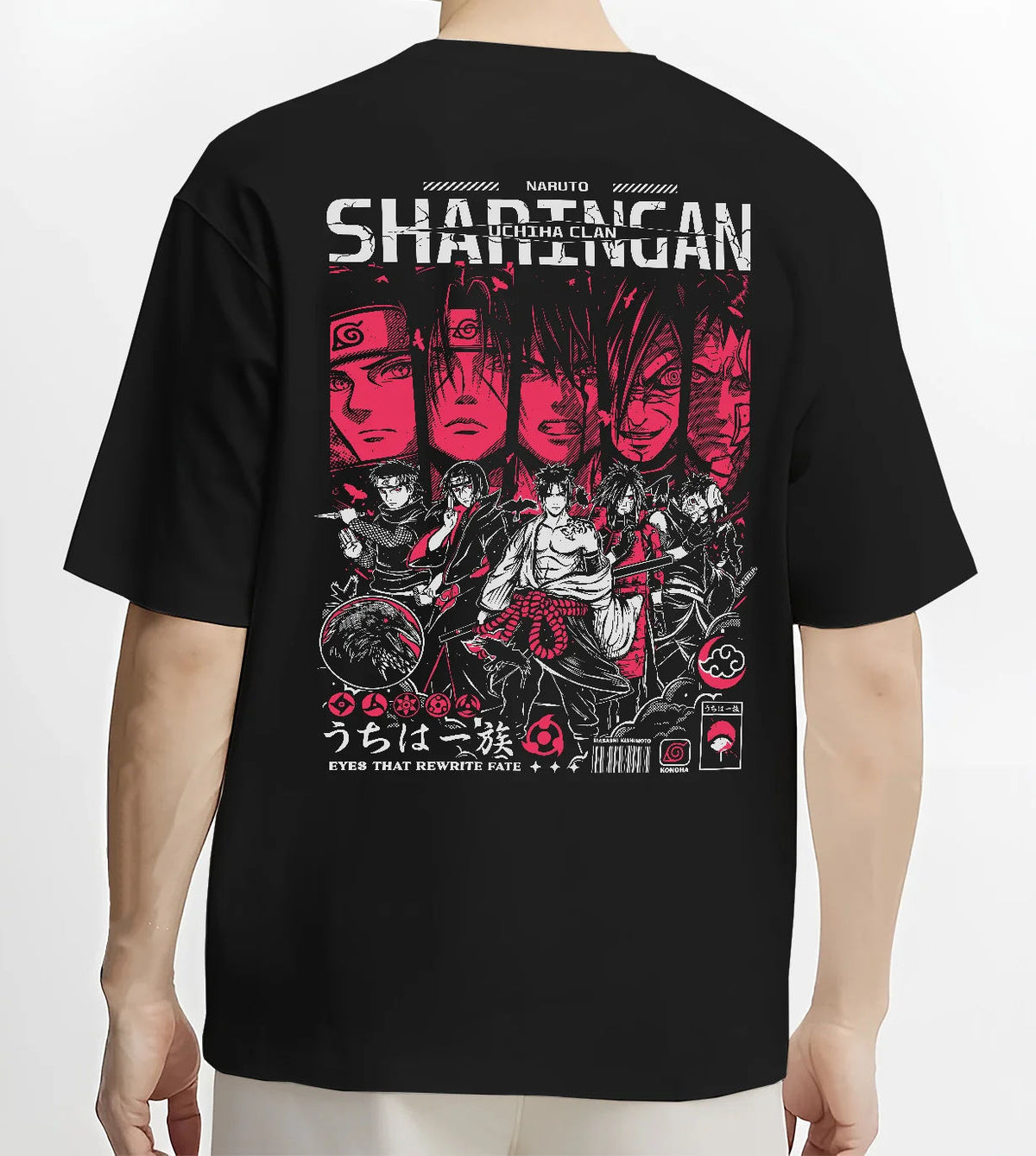 Black T-shirt model back view showing Naruto: Uchiha clan and Itachi character montage