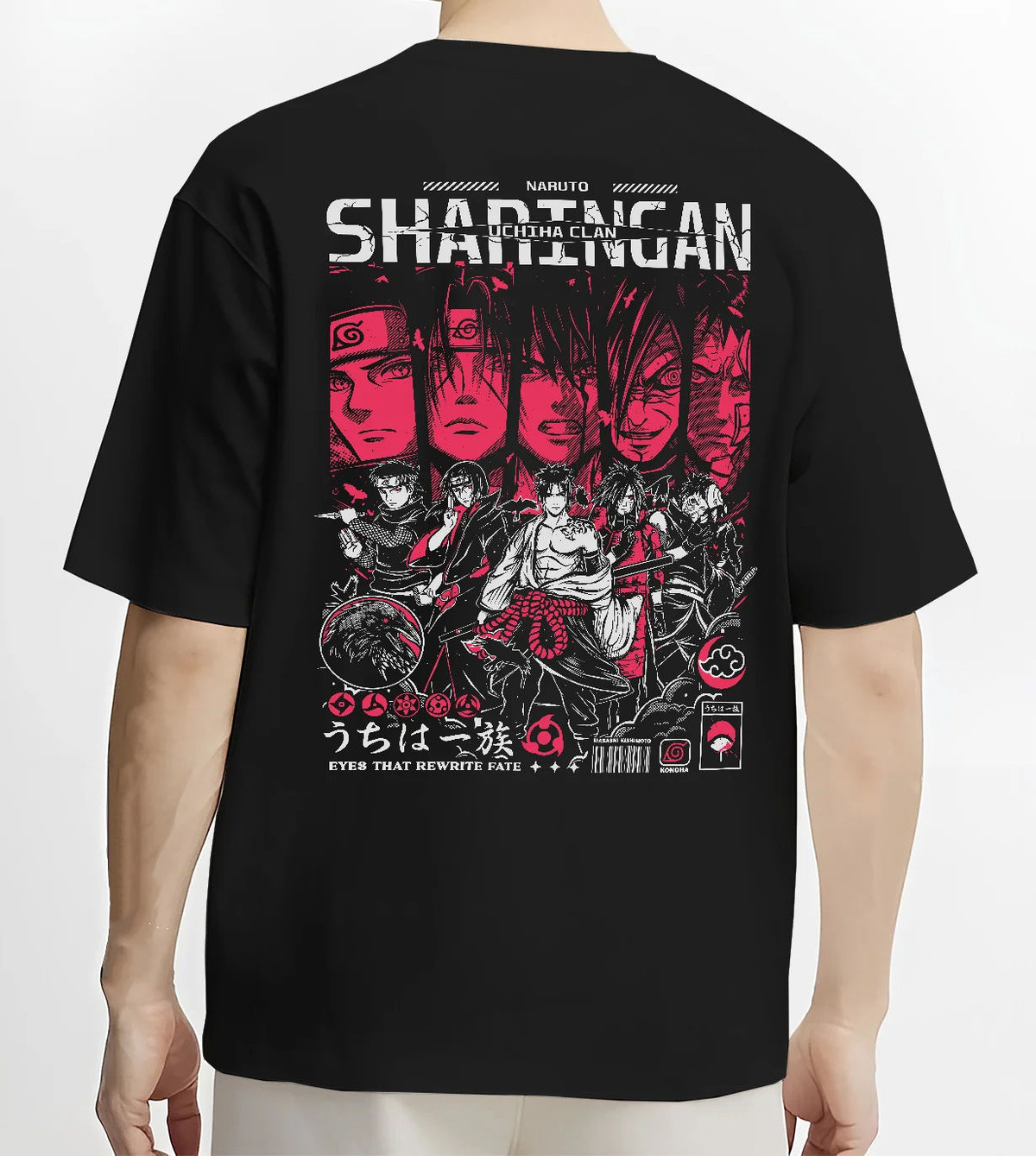 Black T-shirt model back view showing Naruto: Uchiha clan and Itachi character montage