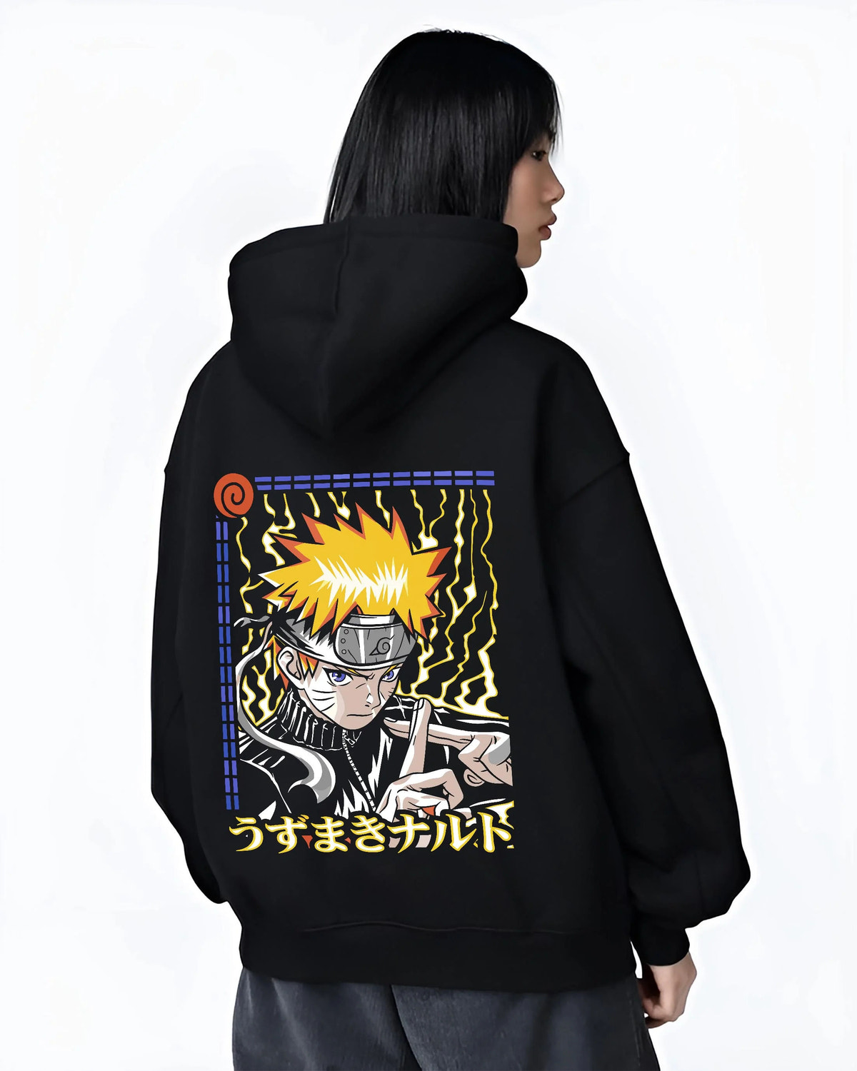 Black hoodie worn by female model from the back featuring Naruto Uzumaki hand seal and lightning aura artwork.