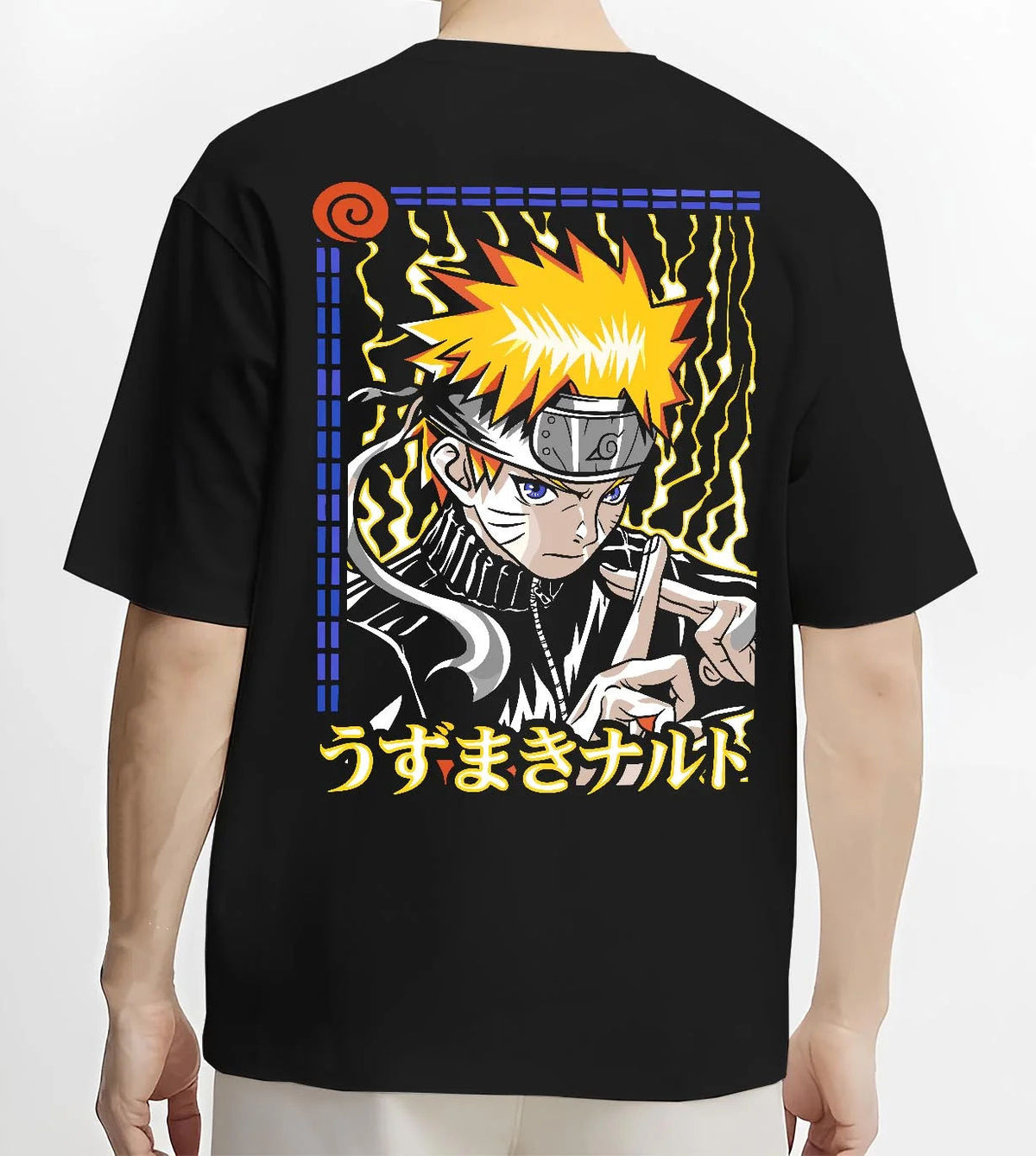 Black T-shirt worn by male model from the back featuring Naruto Uzumaki hand seal and lightning aura artwork.