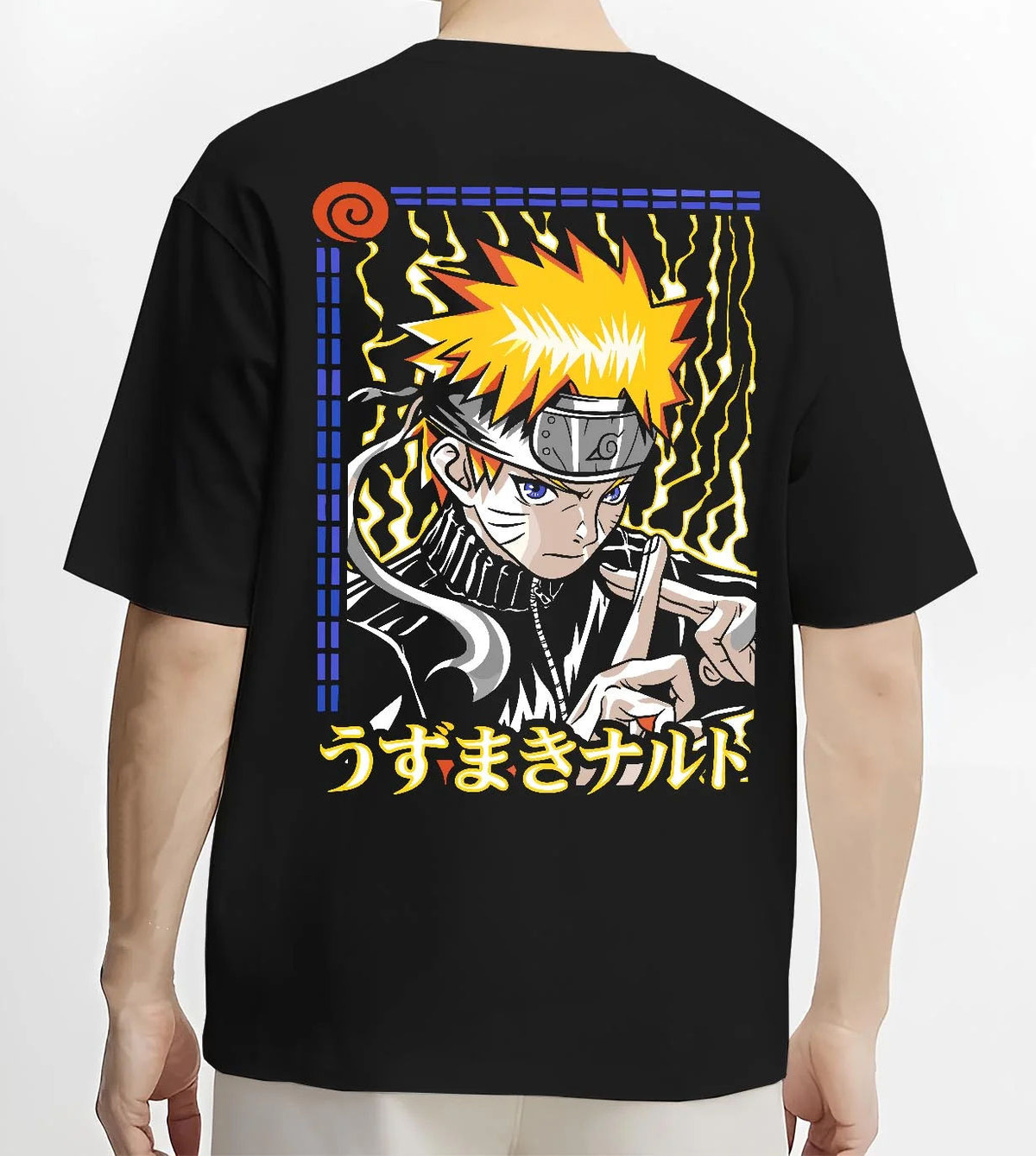 Black T-shirt worn by male model from the back featuring Naruto Uzumaki hand seal and lightning aura artwork.