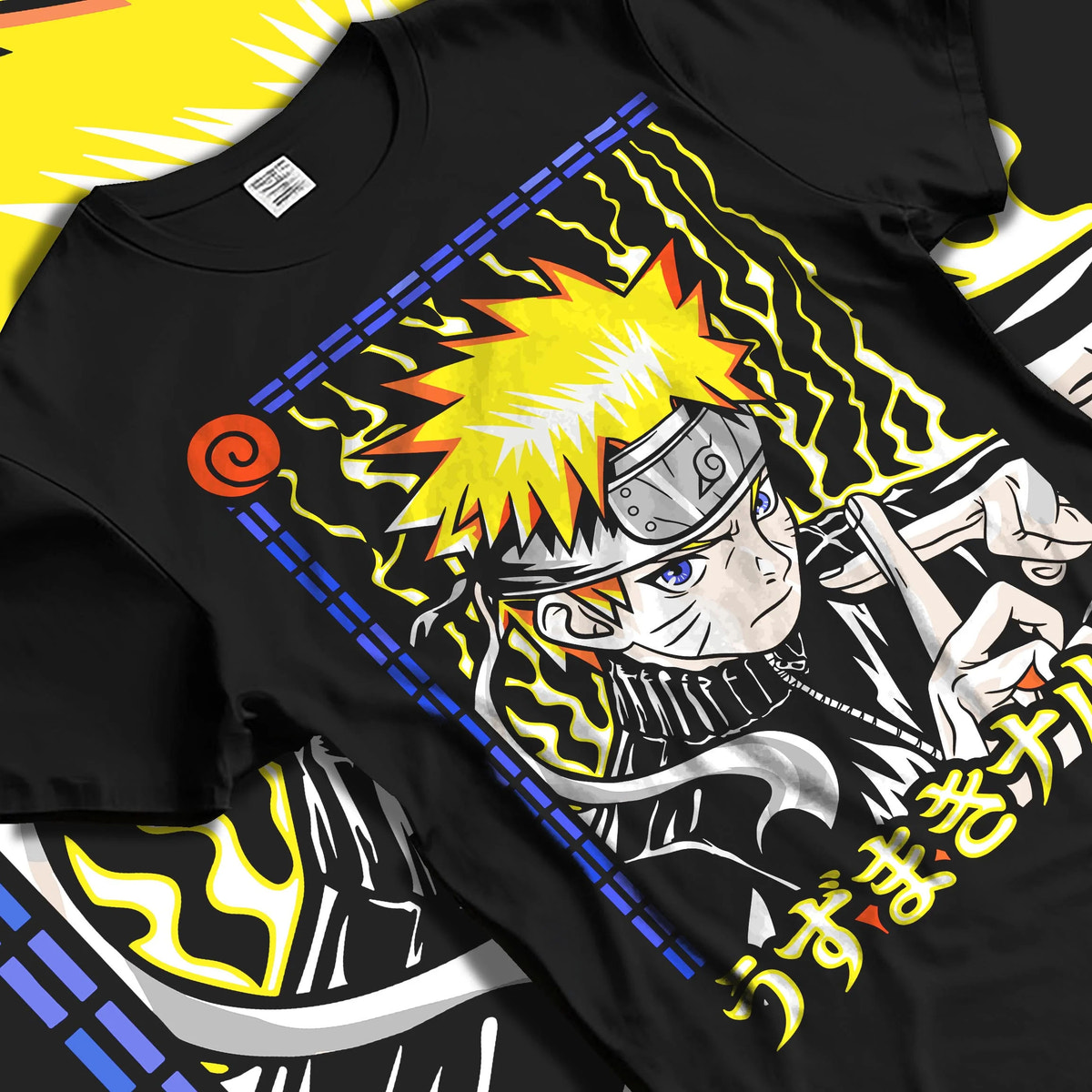 Black T-shirt laid flat with natural folds featuring Naruto Uzumaki hand seal and lightning aura artwork.