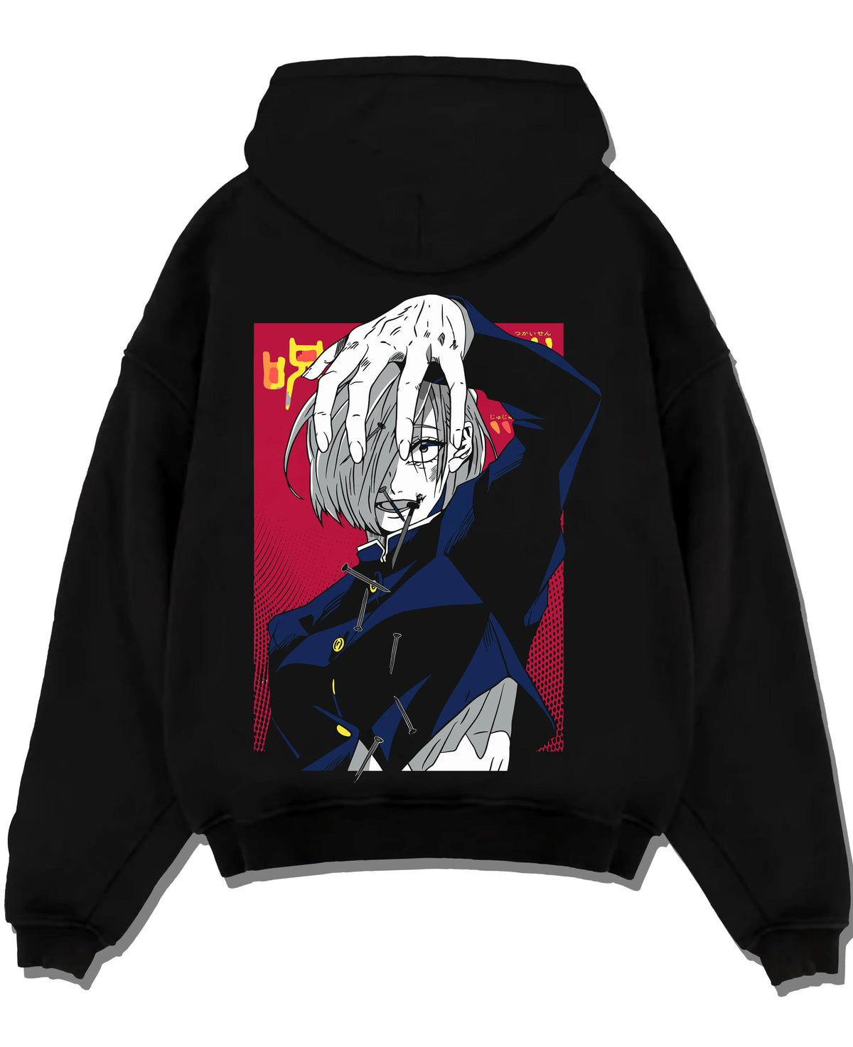 Black hoodie laid flat featuring Nobara Kugisaki cursed nails artwork.