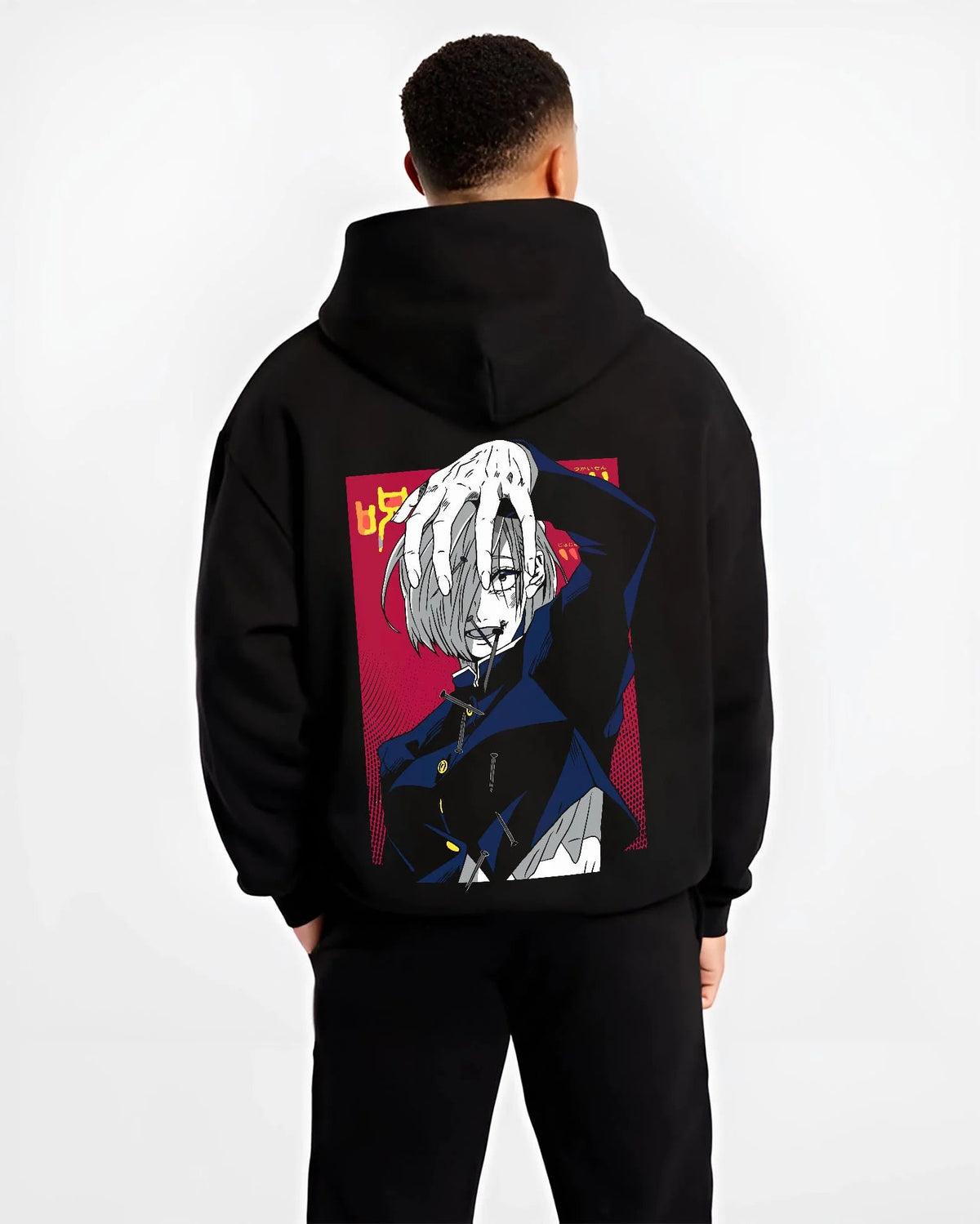 Black hoodie worn by male model from the back featuring Nobara Kugisaki cursed nails artwork.