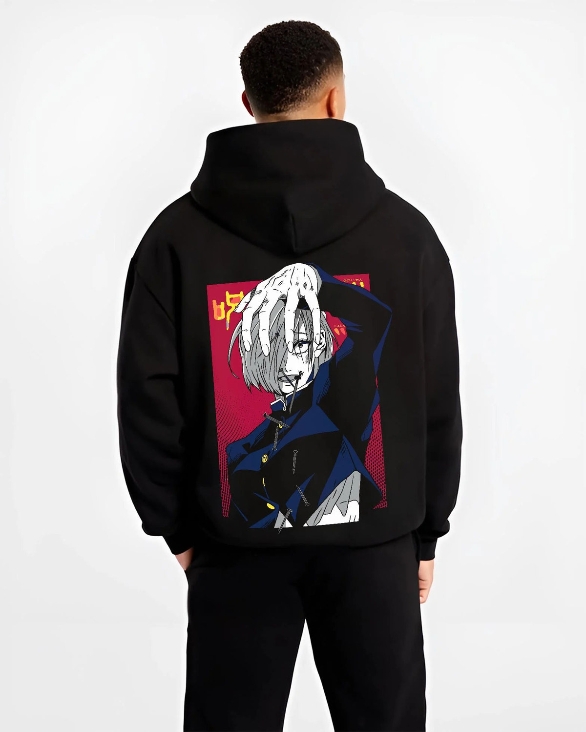 Black hoodie worn by male model from the back featuring Nobara Kugisaki cursed nails artwork.