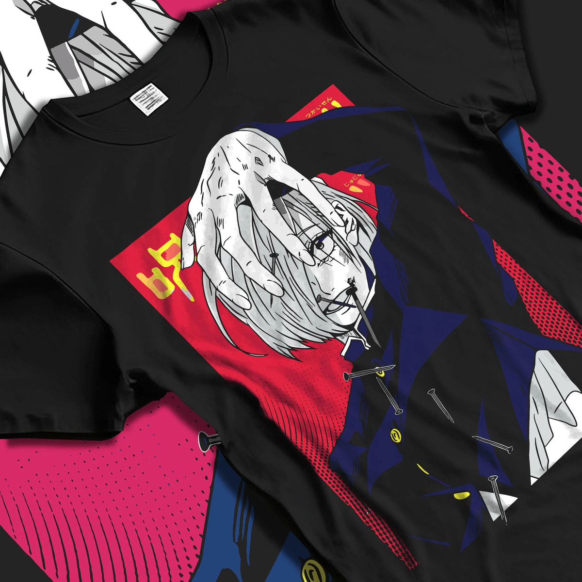 Black T-shirt laid flat with natural folds featuring Nobara Kugisaki cursed nails artwork.