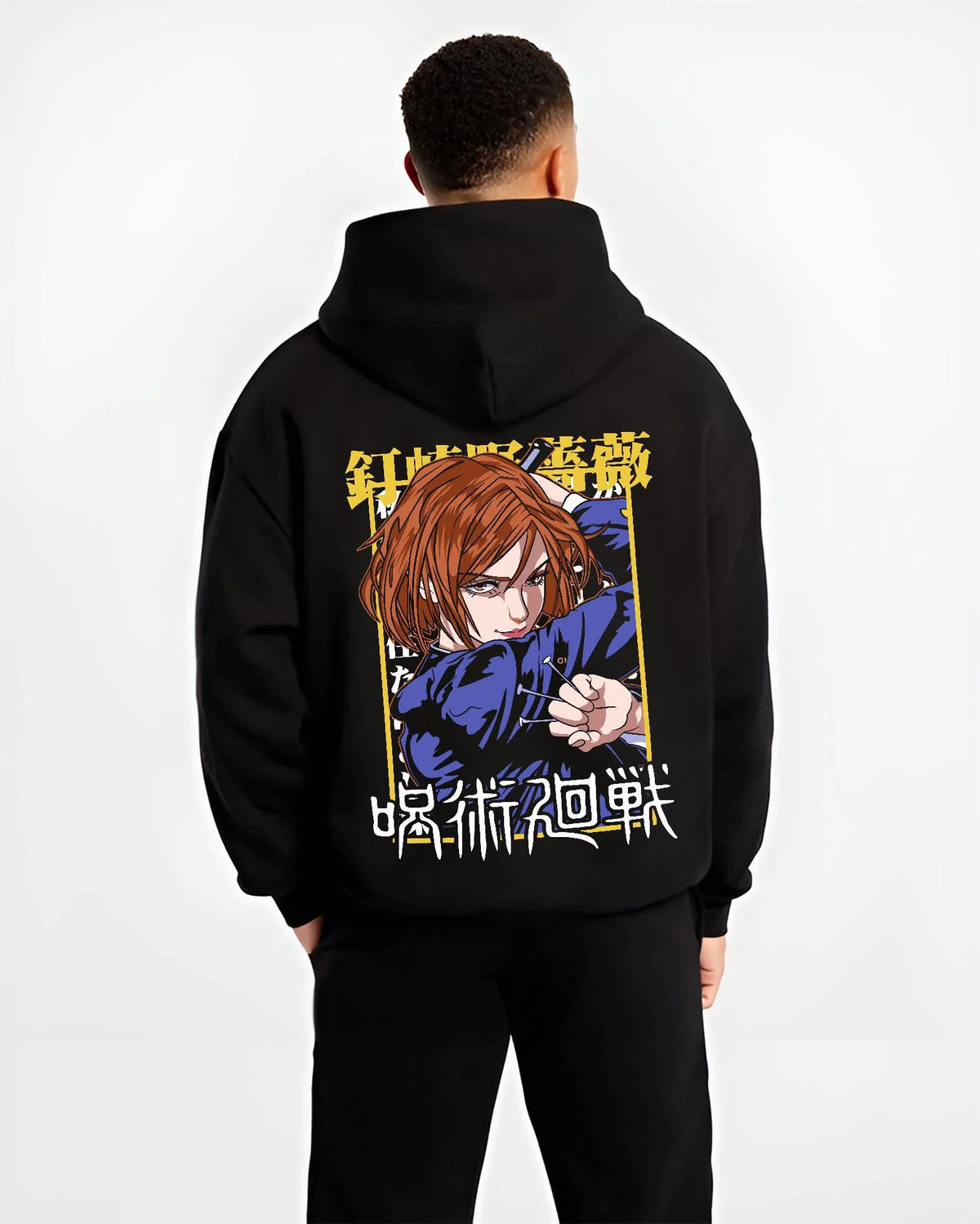 Black hoodie worn by male model from the back featuring Nobara Kugisaki hammer and nails artwork.