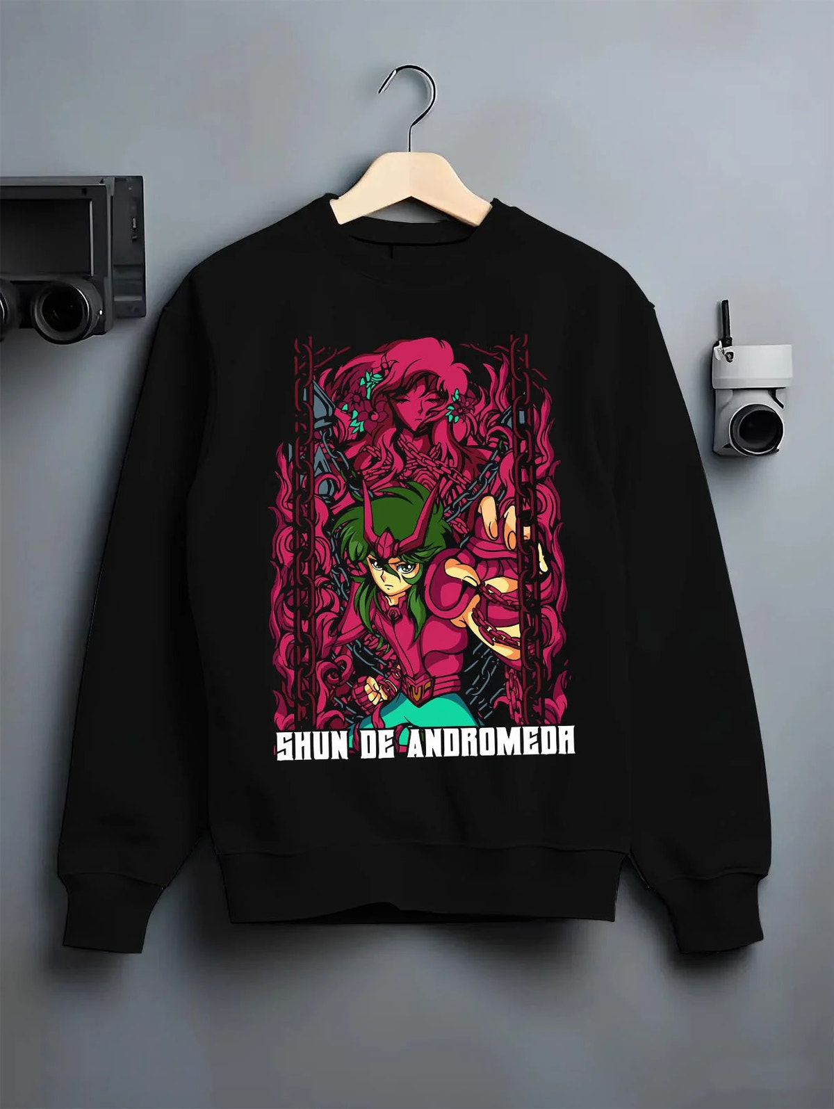 Black crewneck sweatshirt on hanger featuring Shun of Andromeda Nebula Chain artwork.