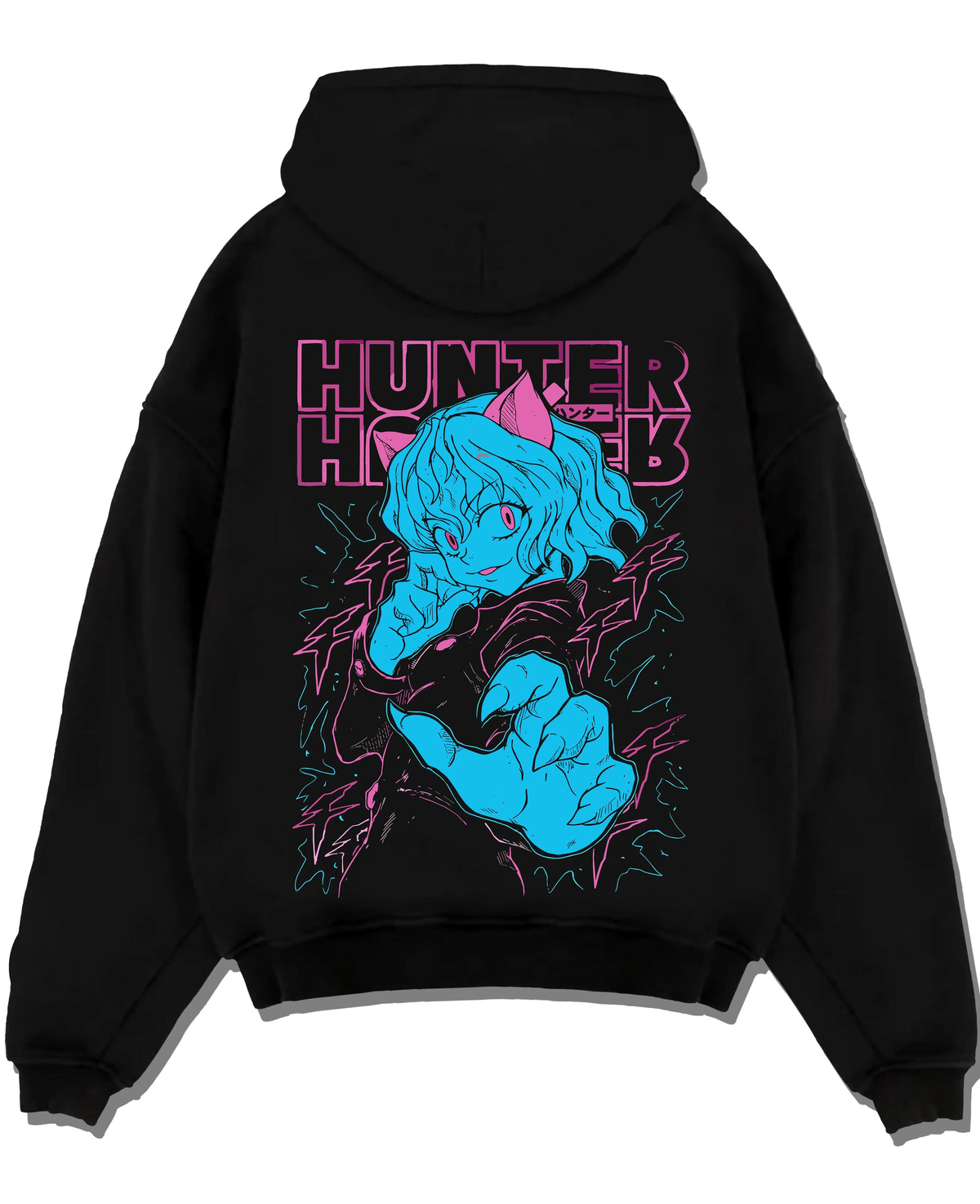 Black hoodie laid flat featuring Neferpitou Chimera Ant aura artwork.