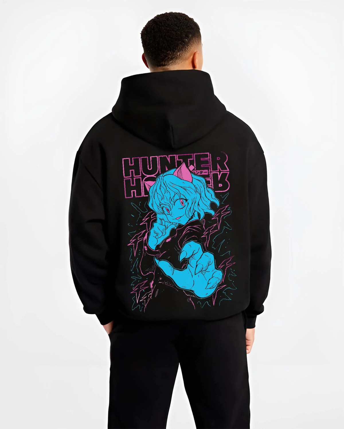 Black hoodie worn by male model from the back featuring Neferpitou Chimera Ant aura artwork.