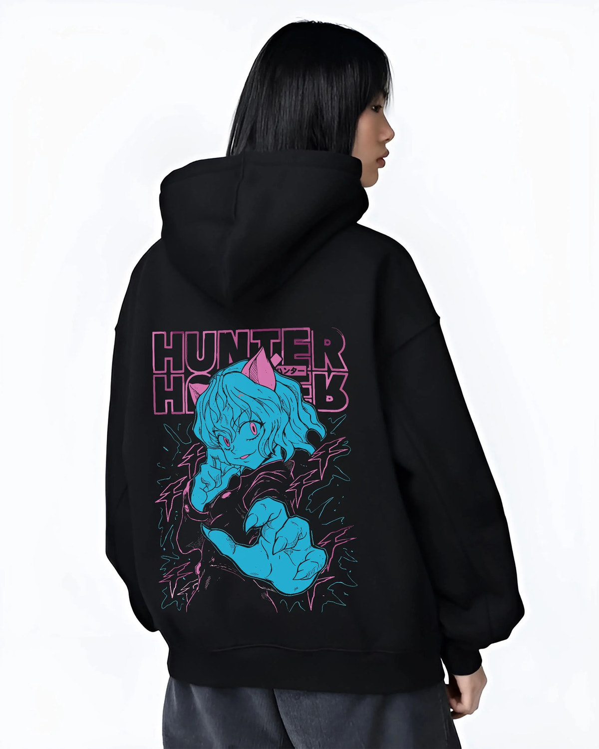 Black hoodie worn by female model from the back featuring Neferpitou Chimera Ant aura artwork.