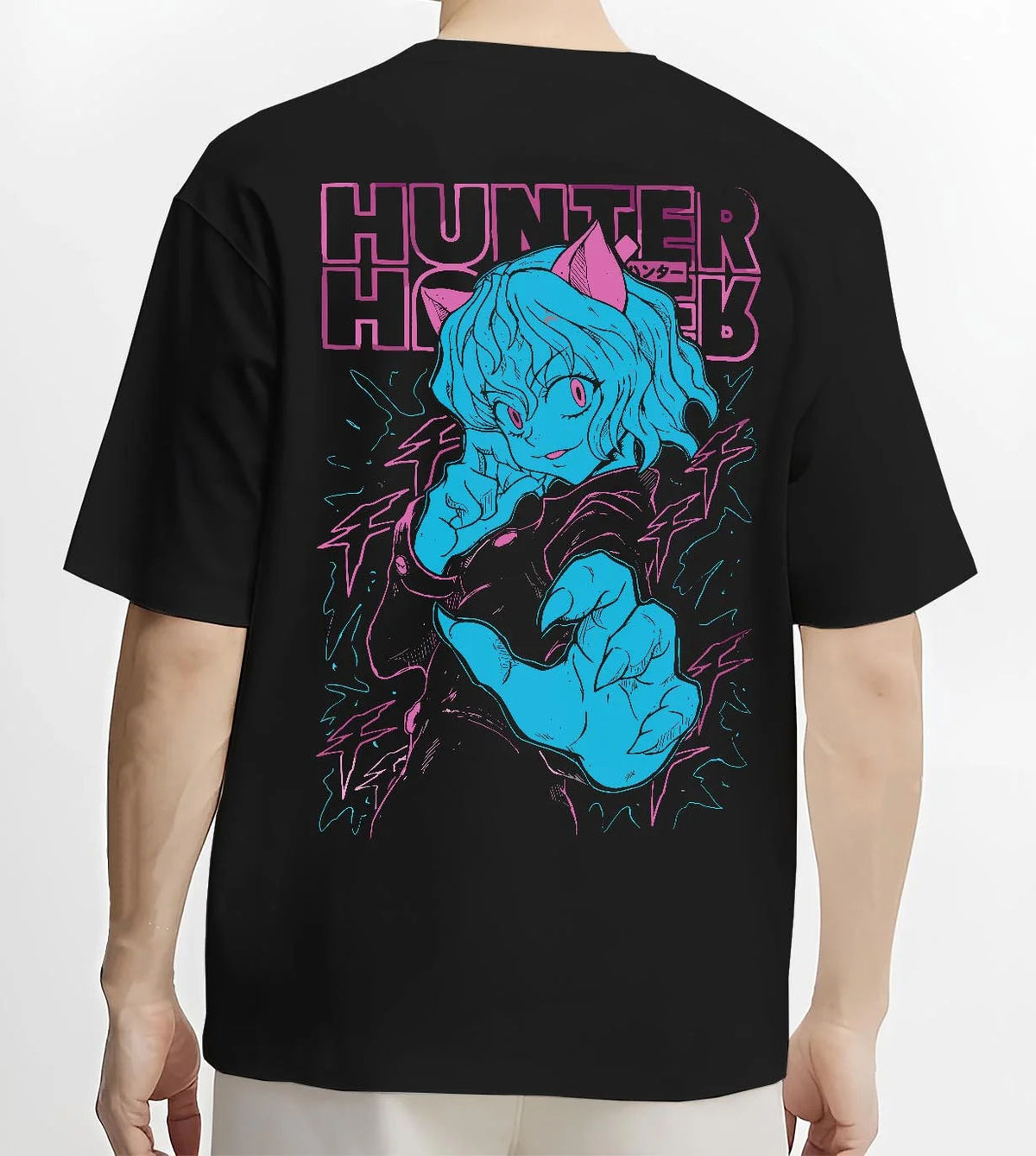 Black T-shirt worn by male model from the back featuring Neferpitou Chimera Ant aura artwork.
