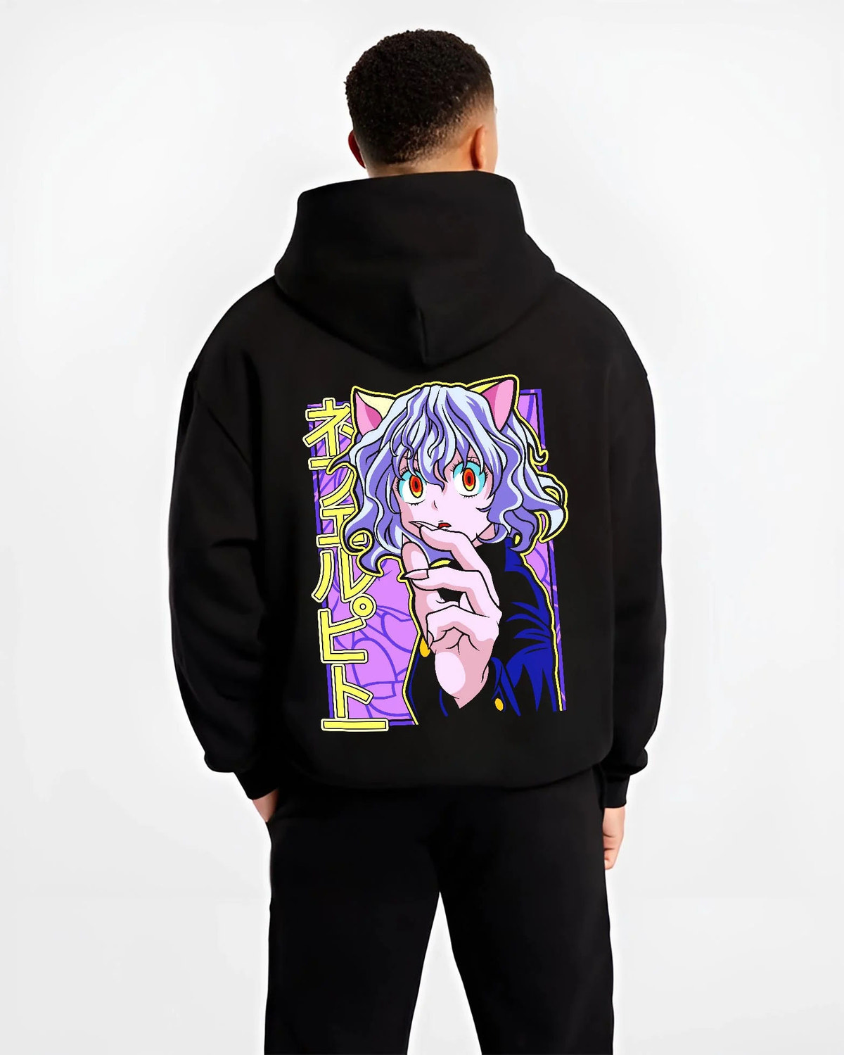 Black hoodie worn by male model from the back featuring Neferpitou Chimera Ant Nen power artwork.