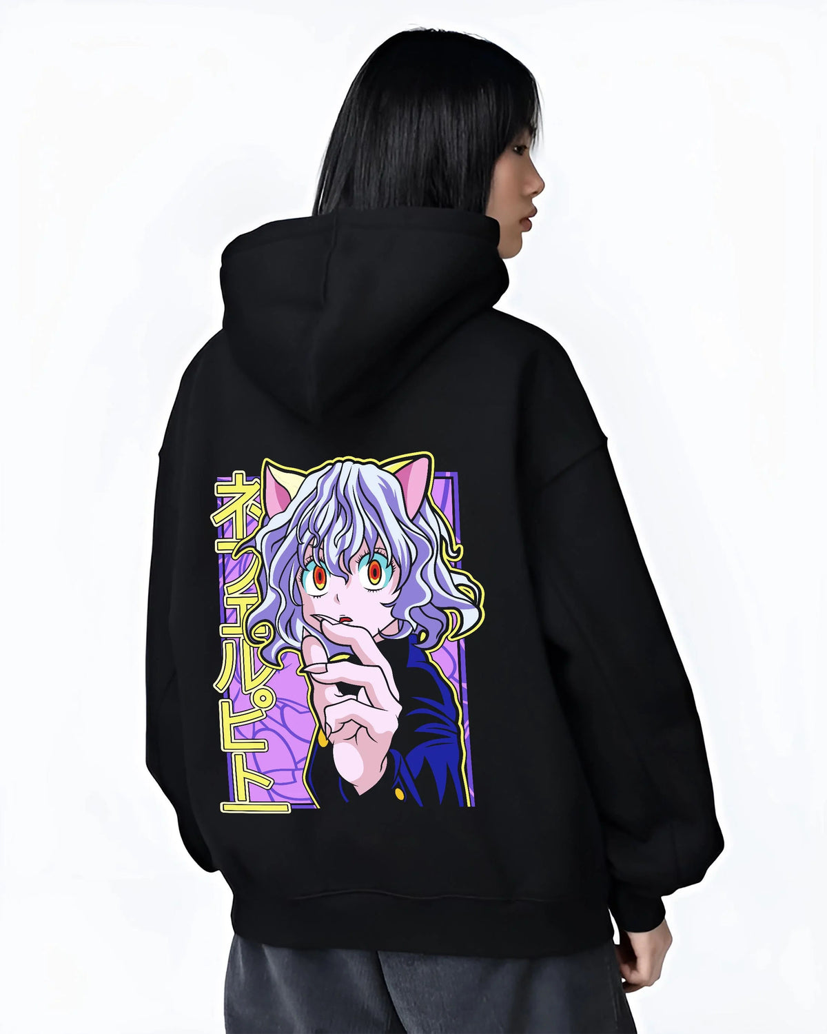 Black hoodie worn by female model from the back featuring Neferpitou Chimera Ant Nen power artwork.